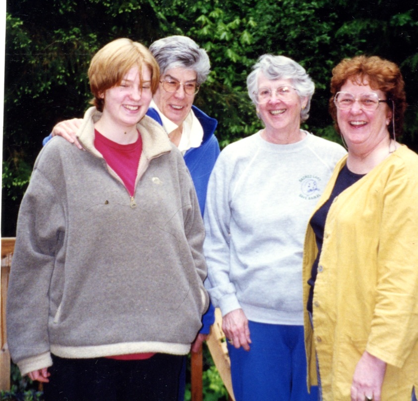 From Left to right: Nicola Janas, Veronica Janas, Elspeth Pope, Melissa Hardie on a group visit to Hypatia-in-the-Woods, 1998, a residential retreat for women artists on Puget Sound, Washington, planning forward for our transatlantic partnership.