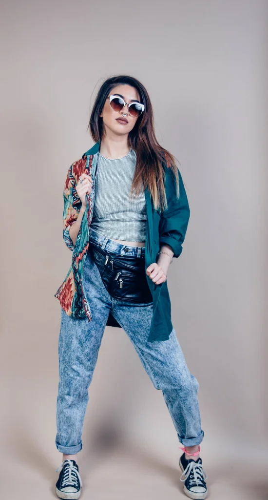 Crop top: Express. Pocahontas button-down: thrifted. Boyfriend jeans: thrifted. Sneakers: Converse. Fanny Pack: thrifted. Sunglasses: Express. 