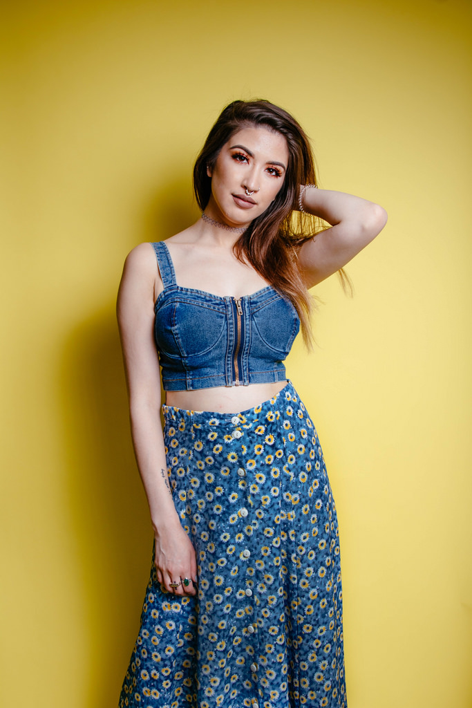 Denim bustier: Pac Sun. Blue floral print maxi skirt: thrifted. Choker: Etsy. 