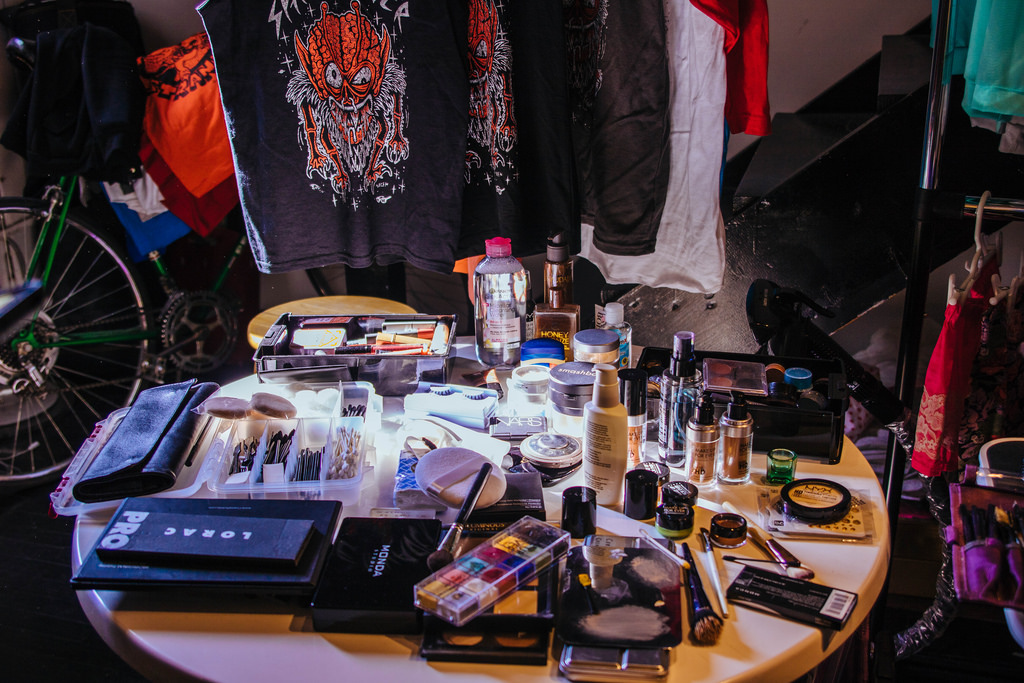 Courtney's makeup and hair station at the Novelty Haus studio.