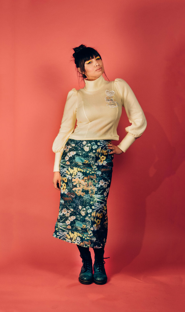 The Bunny Puff Sleeved High Neck Sweater and Green Floral High Waist Knit Skirt are by Monster Lou and are now SOLD OUT.