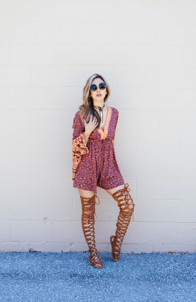 Romper, Free People. Choker, Brightside Boutique. Thigh-high gladiator sandals, Jeffrey Campbell. Sunnies, Free People. 