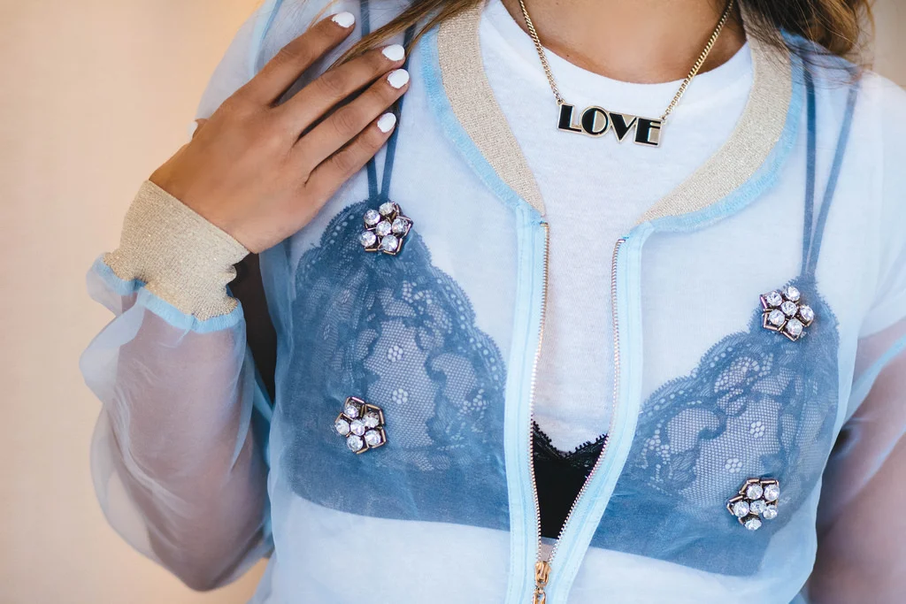 This sheer organza bomber jacket is by StyleWe and available here&nbsp;or by clicking on the photo. Style tip: if you want to wear a lace bra over your shirt, make sure you go up a size. So if you normally wear a 34C, go up to a size 36B or 36C. If …
