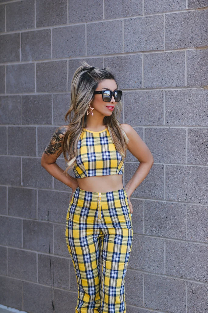 My homage to Cher Horowitz from Clueless. One Above Another yellow checked halter top. One Above Another high waist yellow check flare pants. Gold star earrings from Amazon.com.