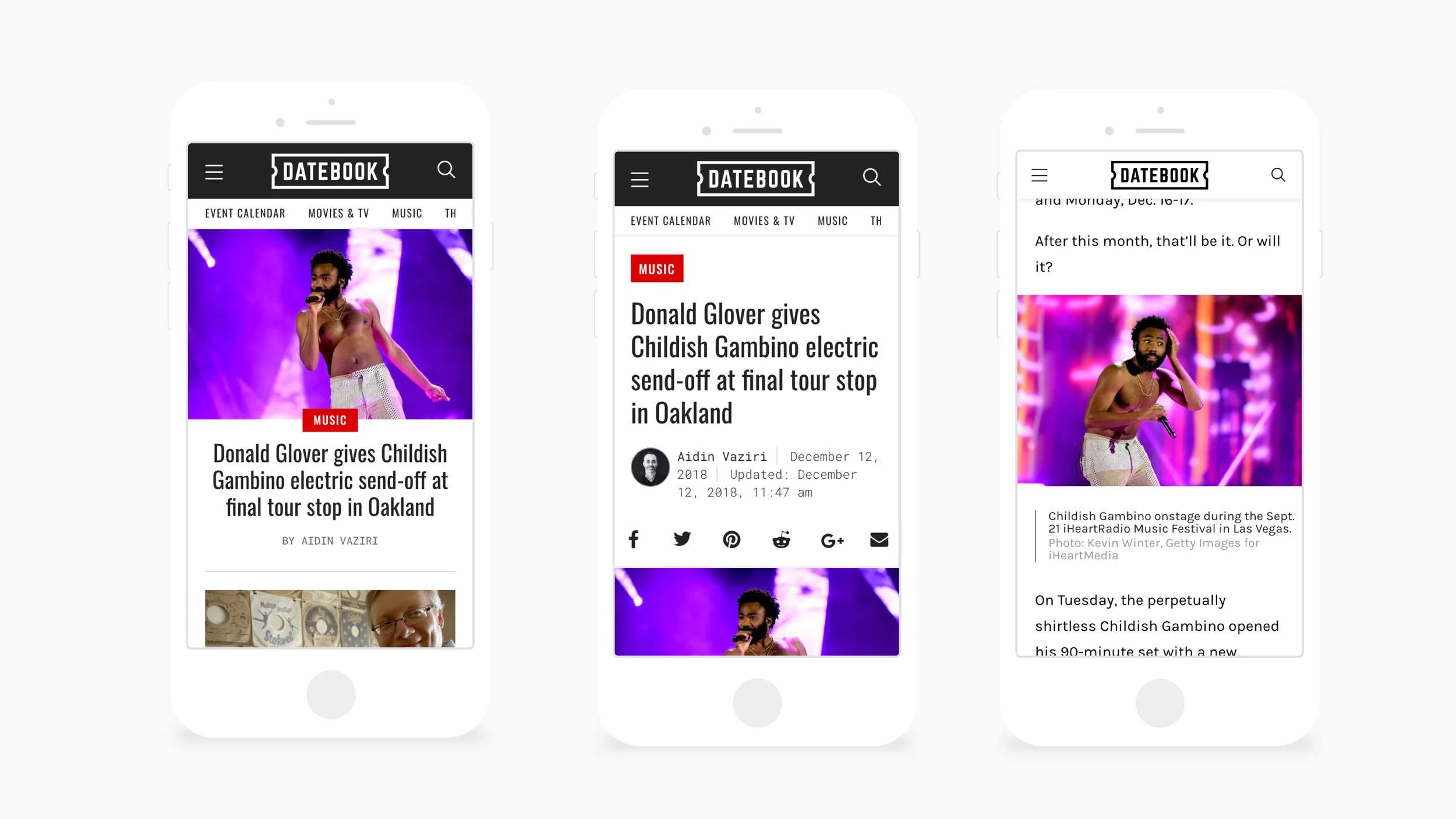 Mobile screenshots of Datebook (Homepage, Article Page, Article Page Scrolled)