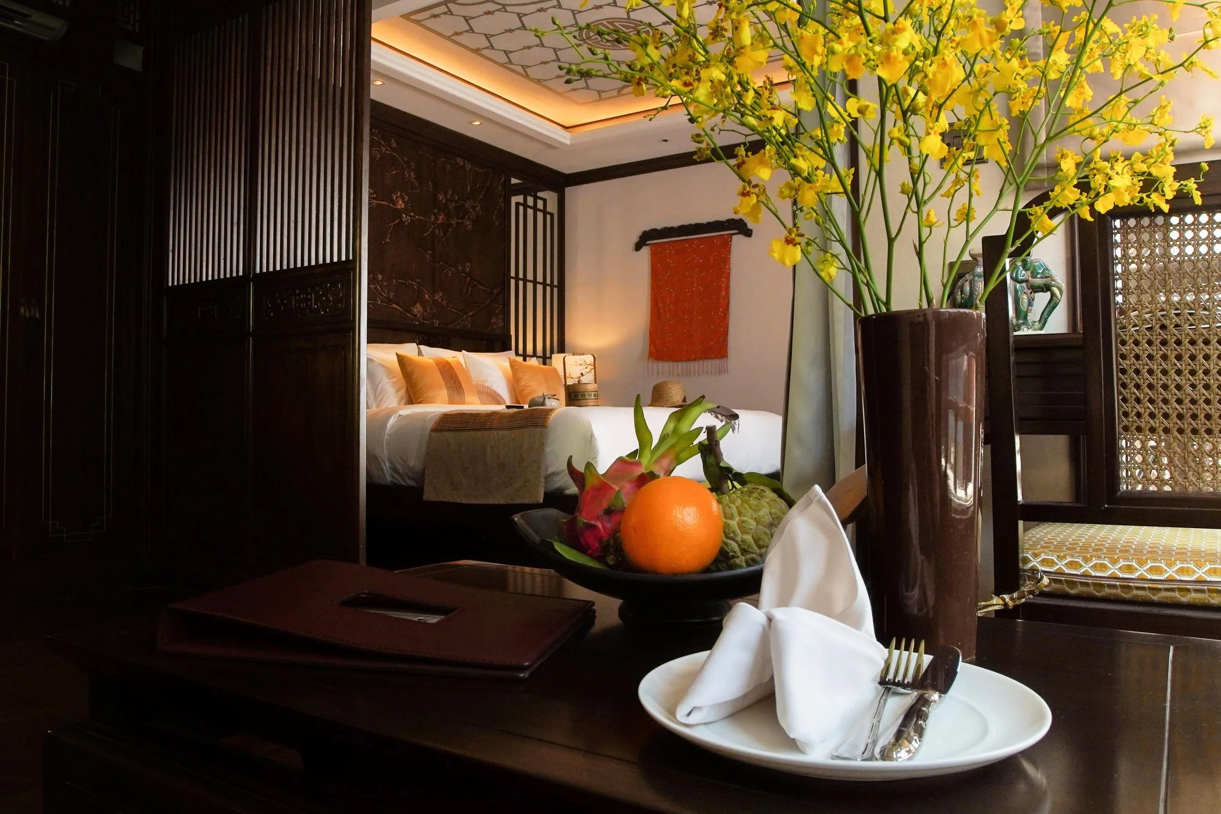 View of the Signature Suite bedroom from the lounge, Lan Ha Bay, Vietnam
