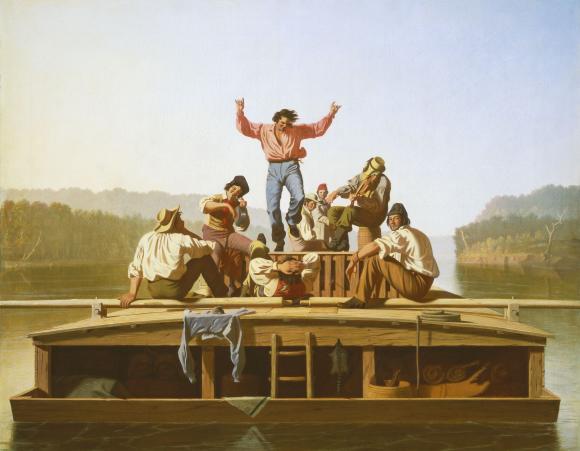 The Jolly Flatboatmen, 1846 . Image courtesy The Metropolitan Museum of Art .