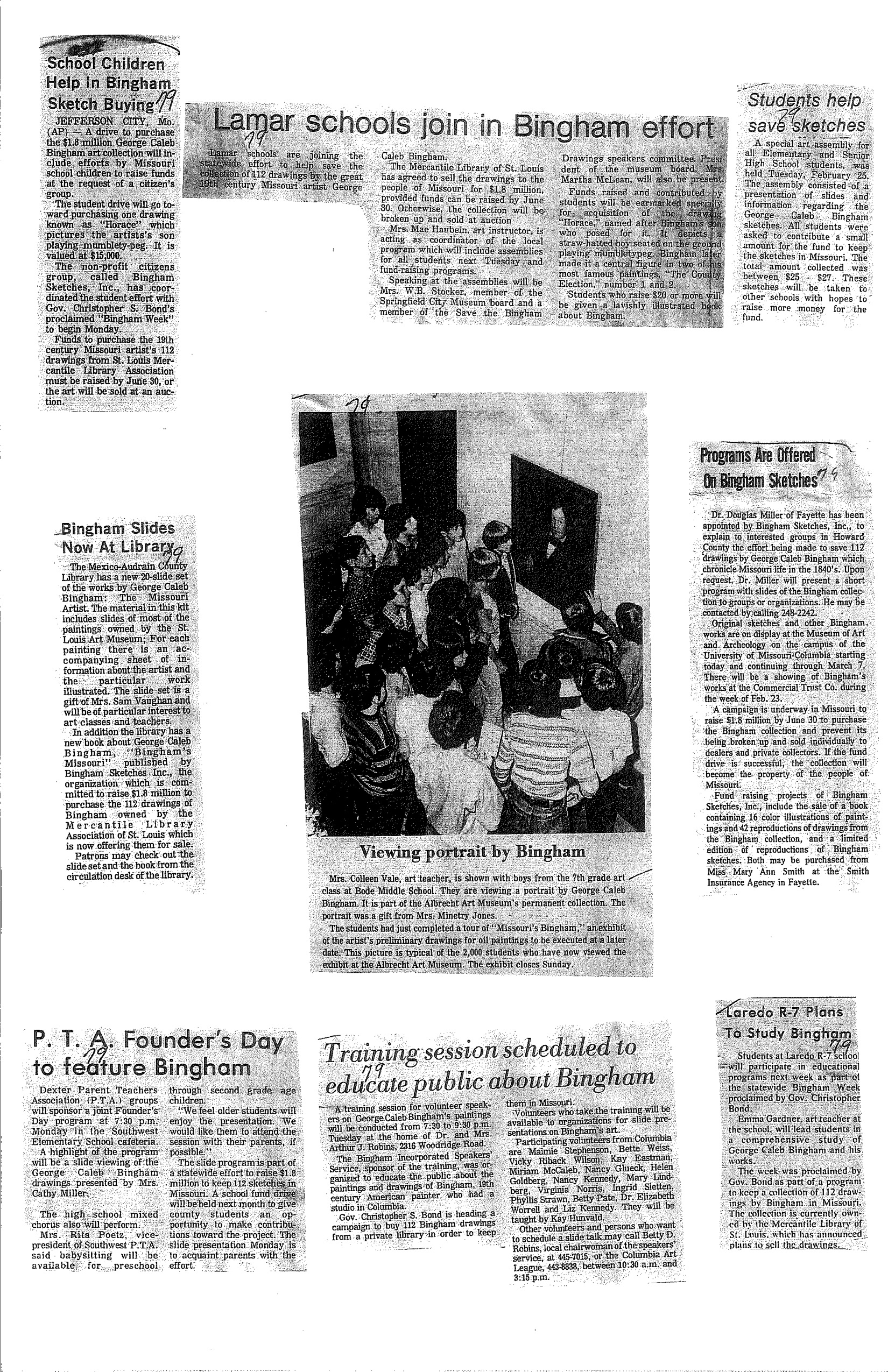 Newspaper clippings about various schools' efforts to raise money to keep Bingham's work in Missouri. Image courtesy of Bingham Trust .
