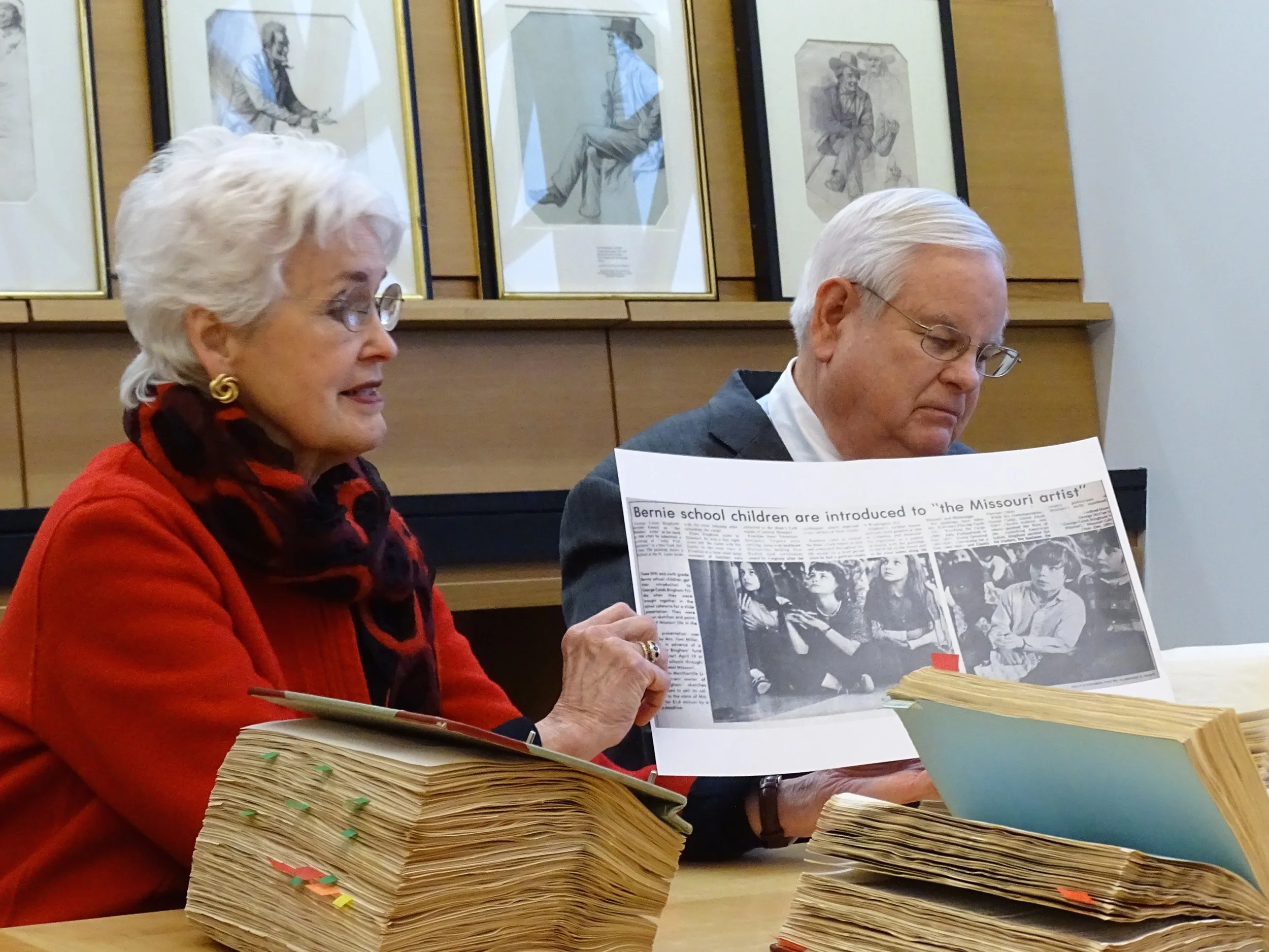 Curator Nancy Work (left) and lawyer Charles Valier recount their work in helping to raise more than $1 million in private money so the state of Missouri could purchase several Bingham's drawings and paintings. Images courtesy Steve Byers, Friends of Arrow Rock.