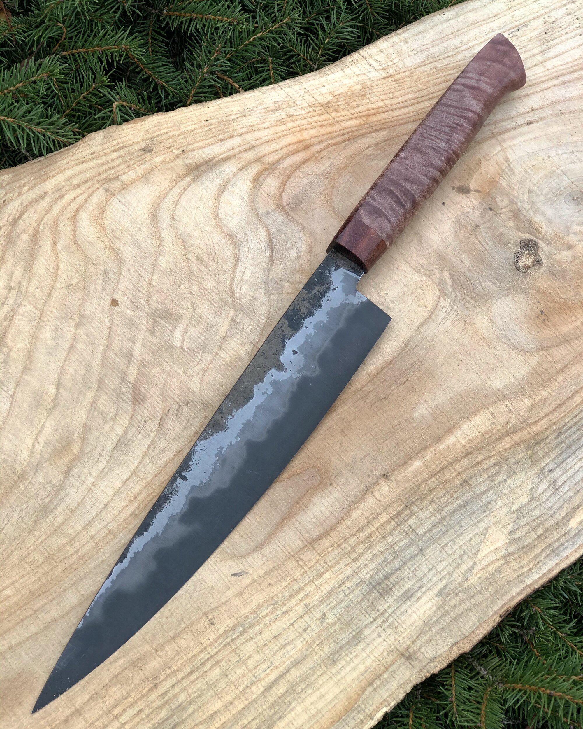 10.5” Hammer Forged 1095 Western Chef with Big Leaf Maple and Katalox