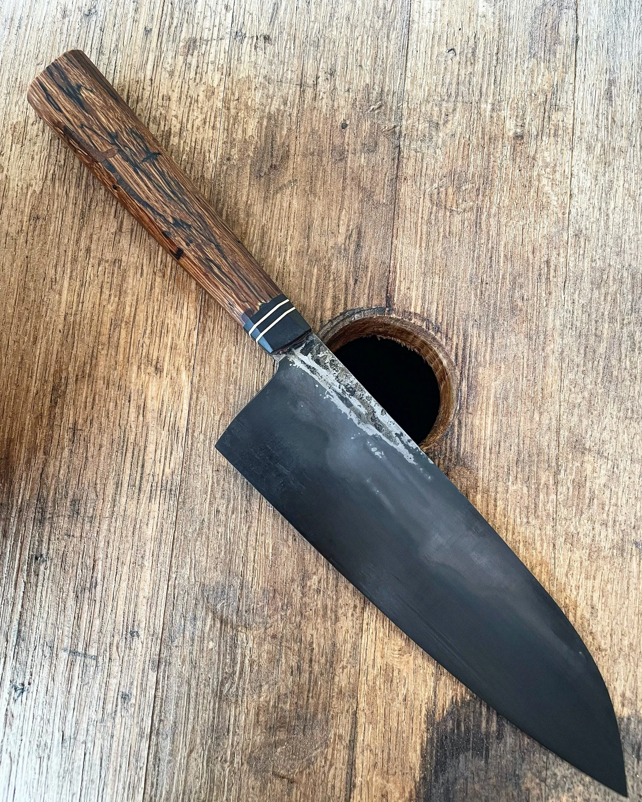 Forged Carbon Steel Hidden Tang Gyuto with Spalted Oak and Black G10