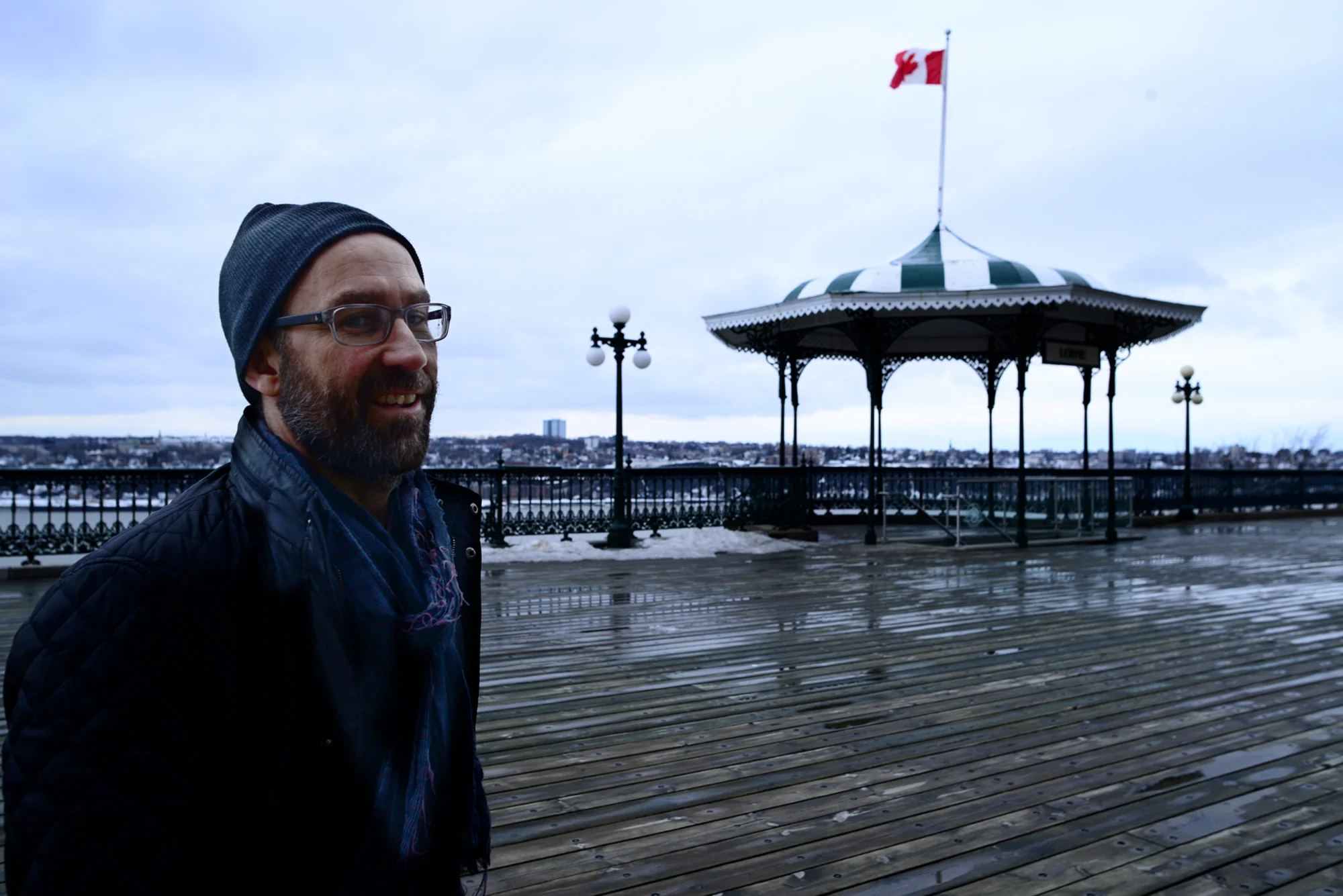 My husband in chilly Quebec City, half an hour before we found out about Matt.
