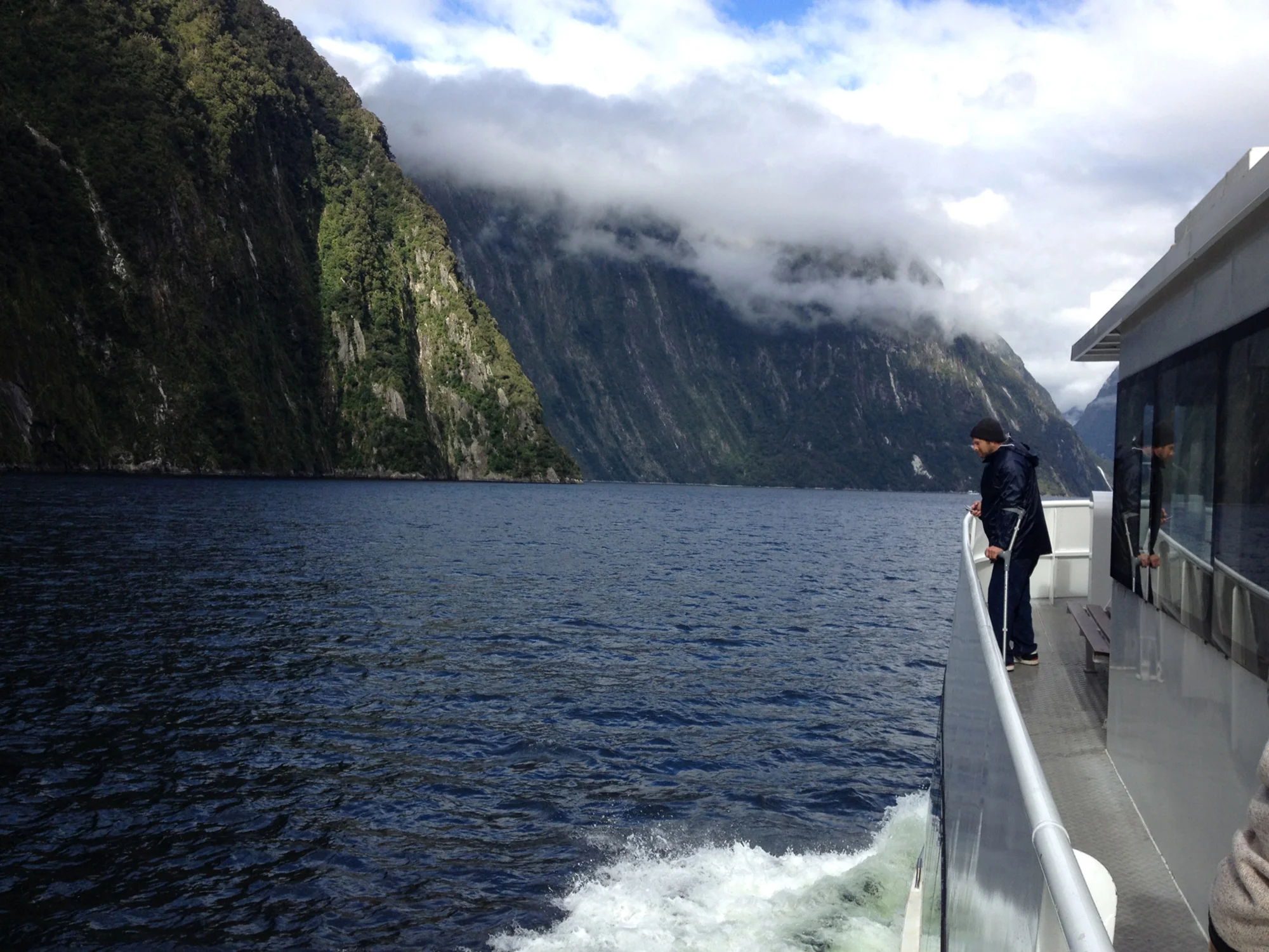Matt on crutches in Milford Sound last March.