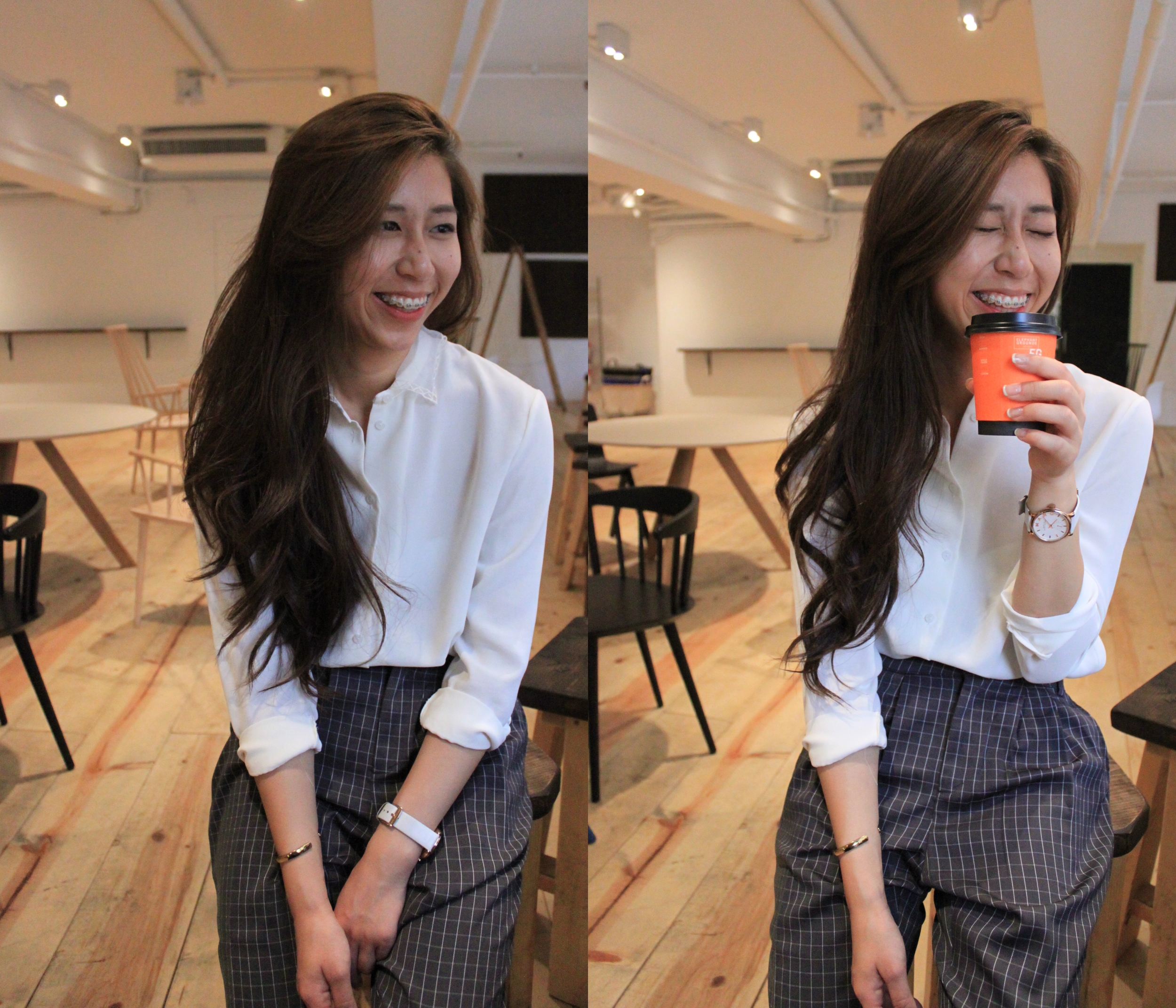 Top: Sheer Blouse / Pants: Checkered Cropped Pants / Shoes: White Loafers