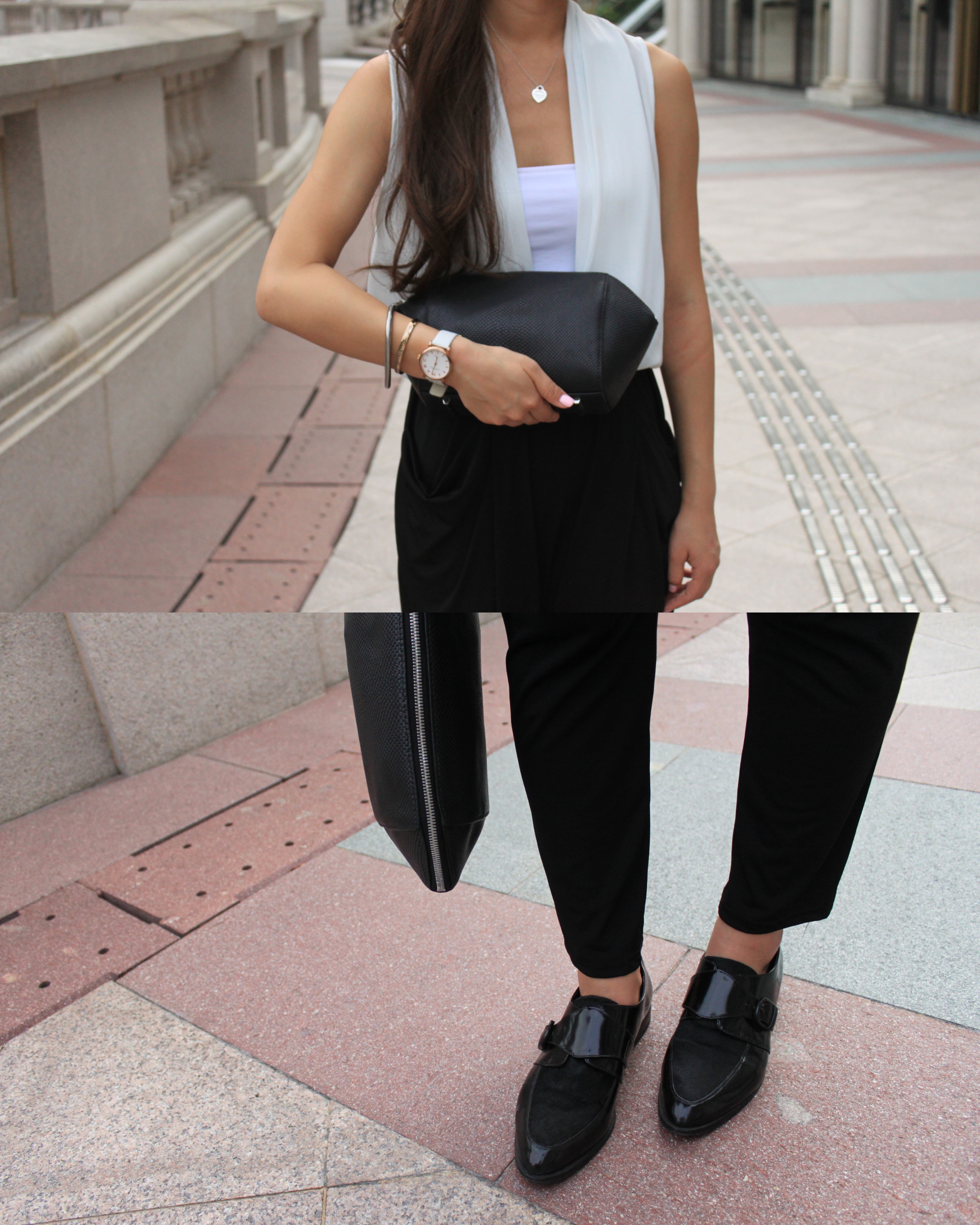 Black and White Playsuit / Shoes: Black Pony Hair Monk Strap / Clutch: Alexander Wang