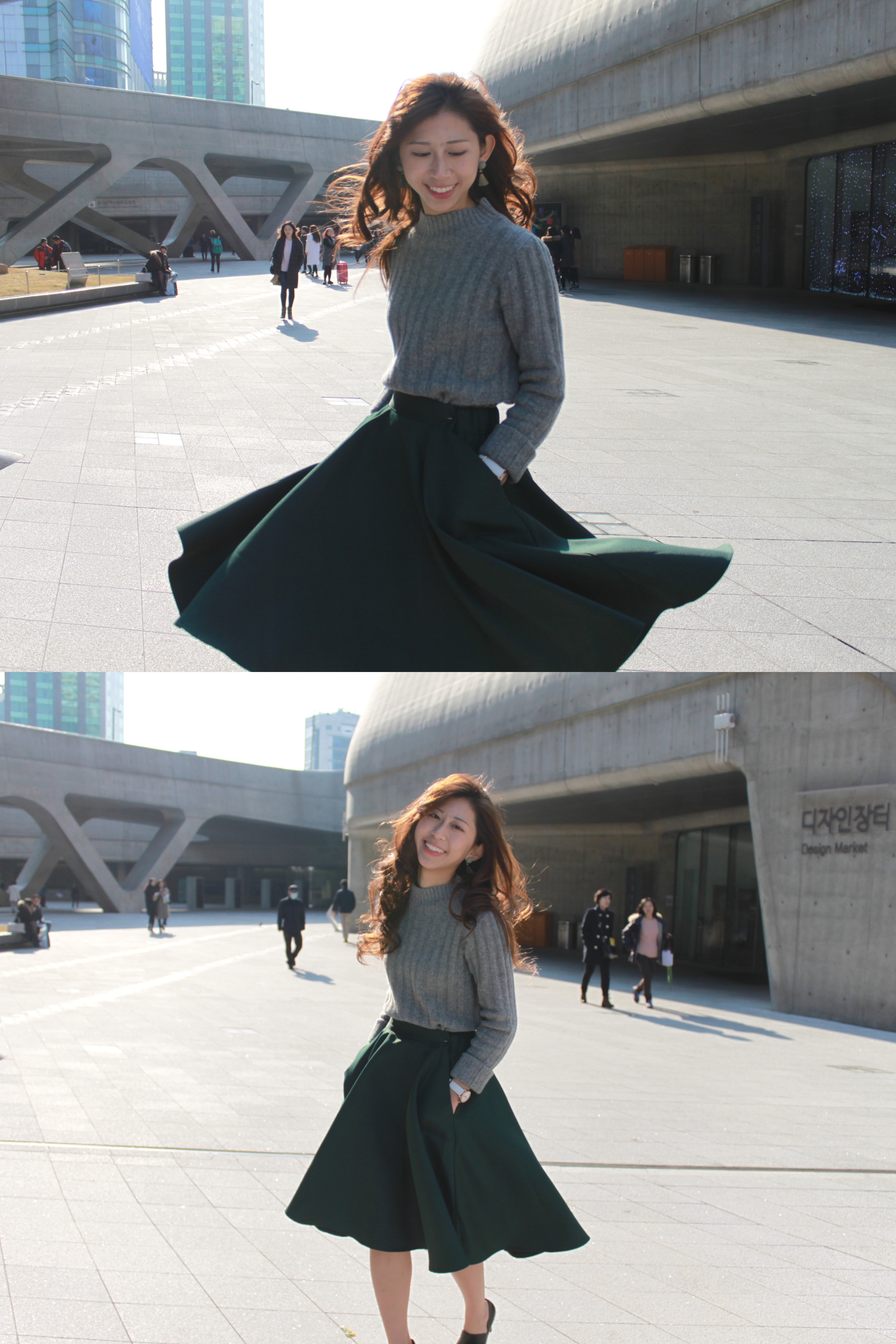 Korea grey Sweater Top / Amber (HK) green midi-skirt / DearPostman green earrings #001 / Staccato black cut-out pointed heels