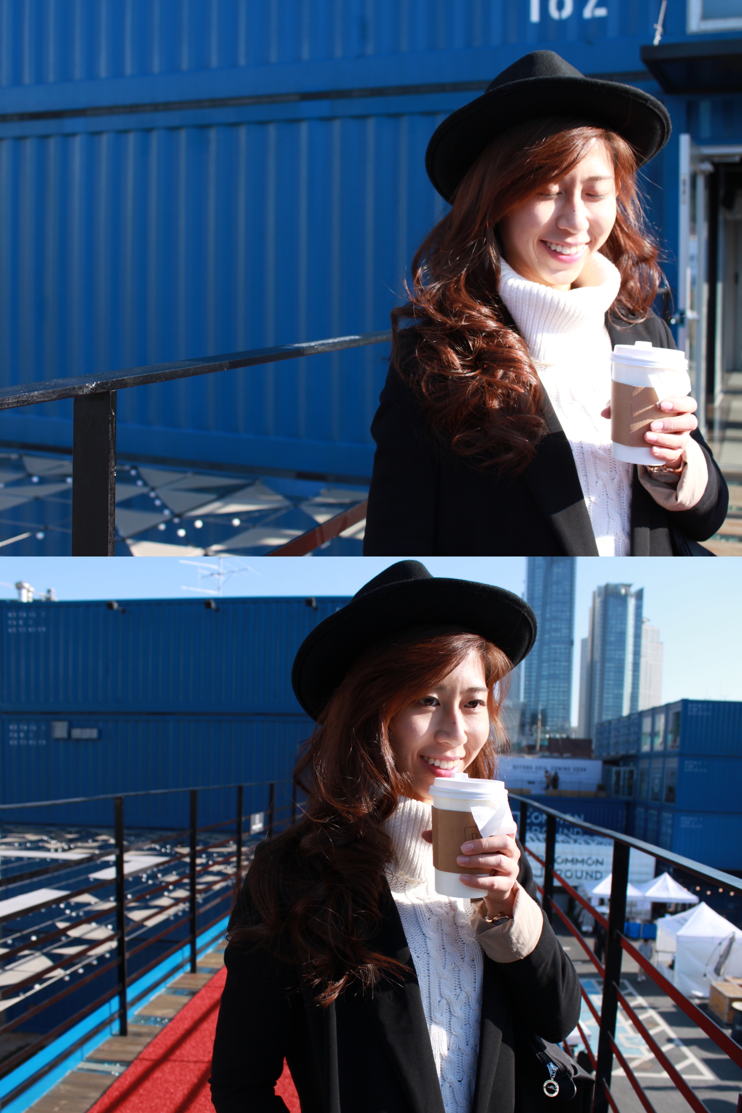 White turtleneck cropped sweater / Topshop black ripped jeans / Korea black long blazer / Asos black felt fedora / Adidas Stan Smith shoes Shot at Common Ground