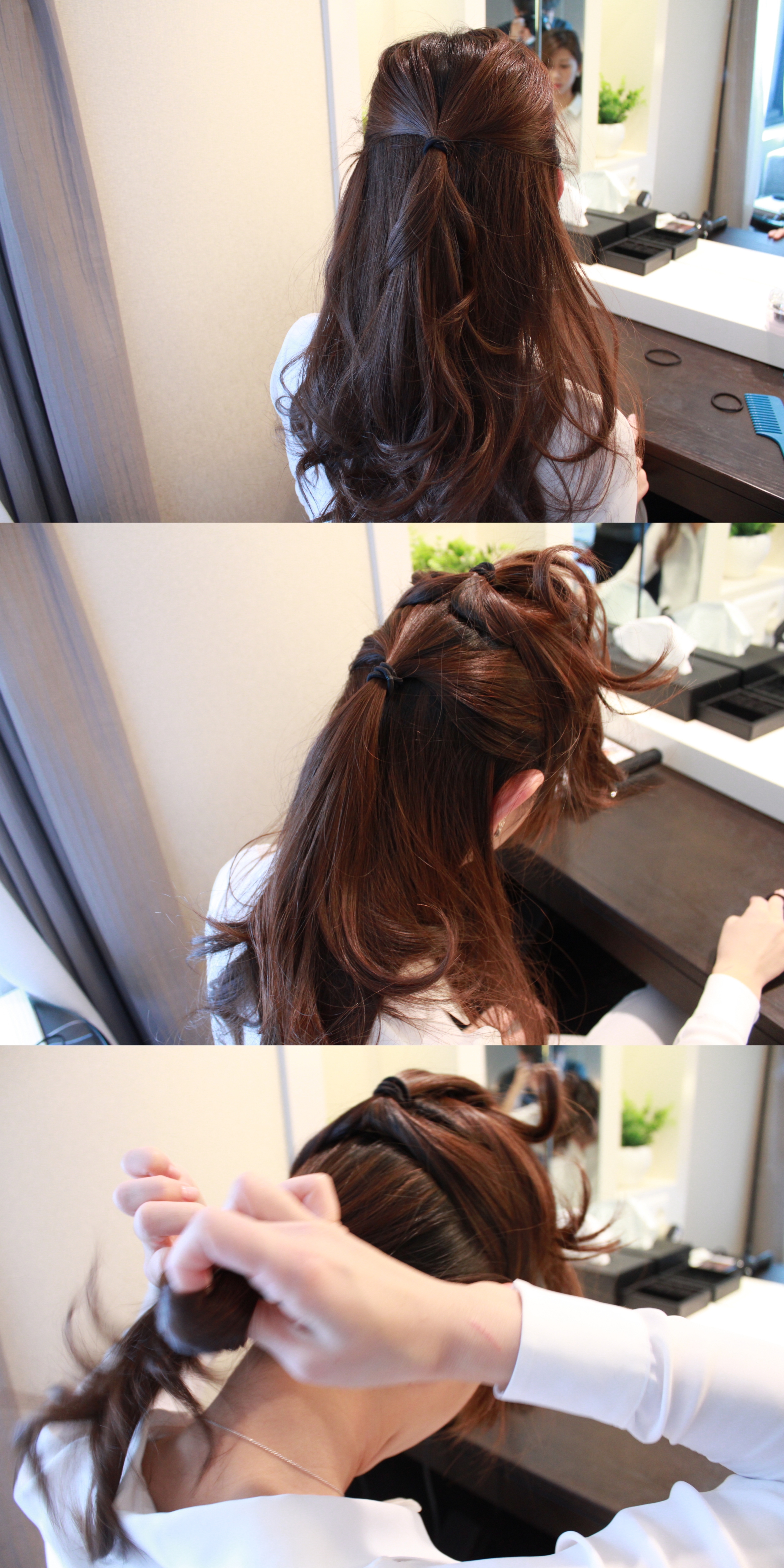 Tie 3 ponytails vertically lined.