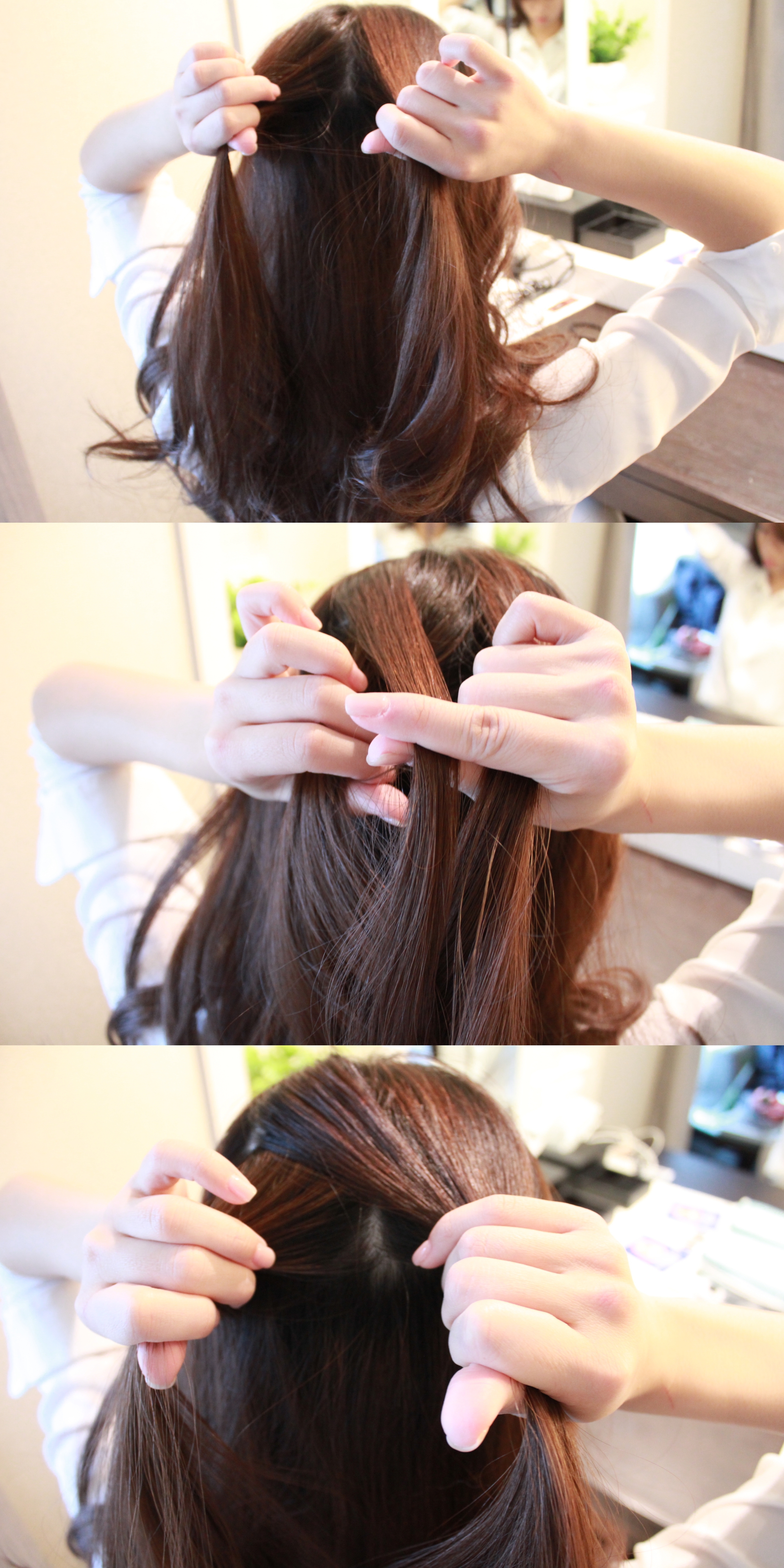 Take a strand of hair to do fishtail braid. Take a small strand from each the left and add it to the right (cross over the top) Repeat this step for the right side, add the small strand to the left. Do 3 crossovers.