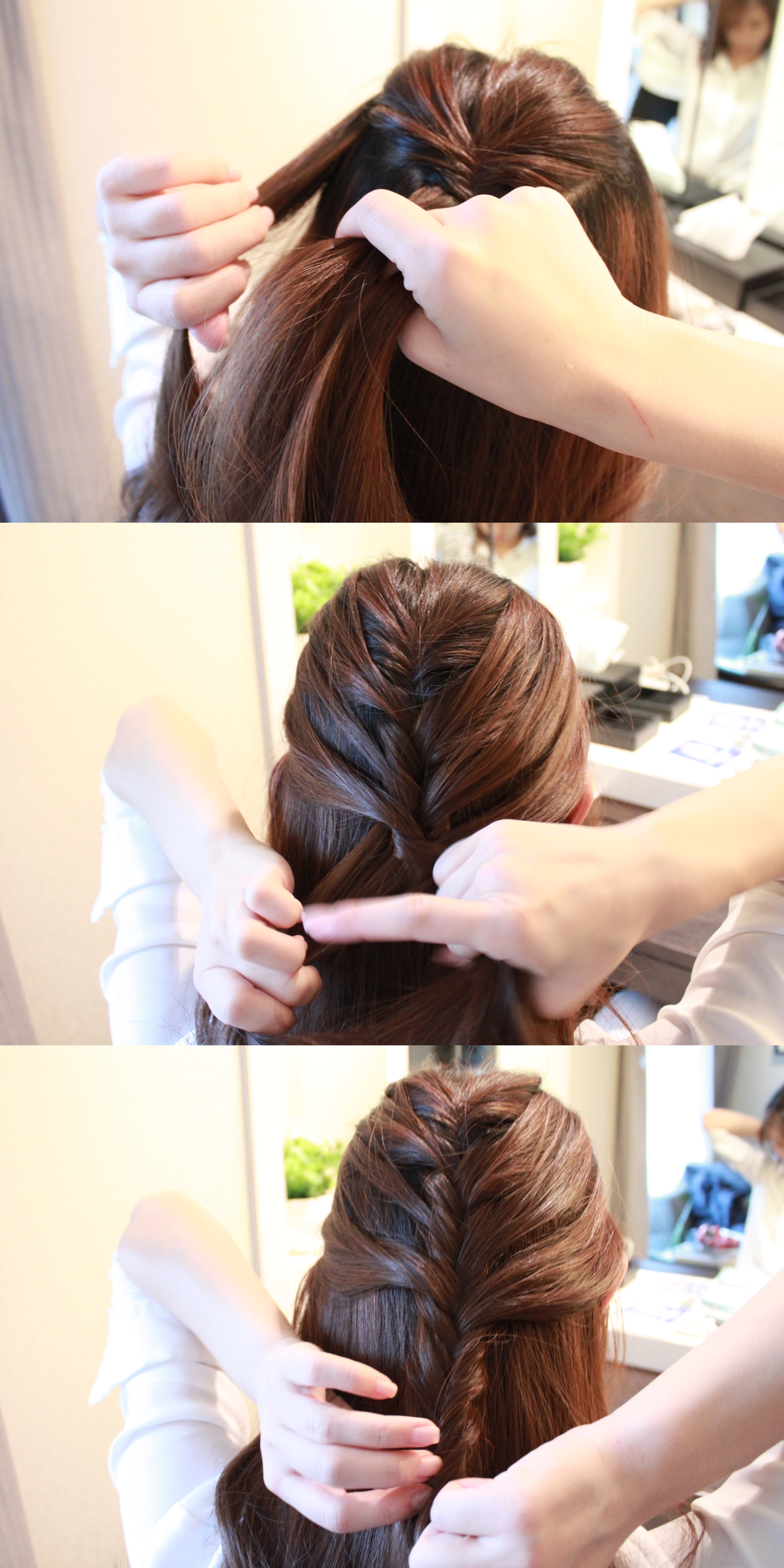Add a strand of hair from each side every 3 crossovers for 2 times. Continue all the way down after five crossovers.