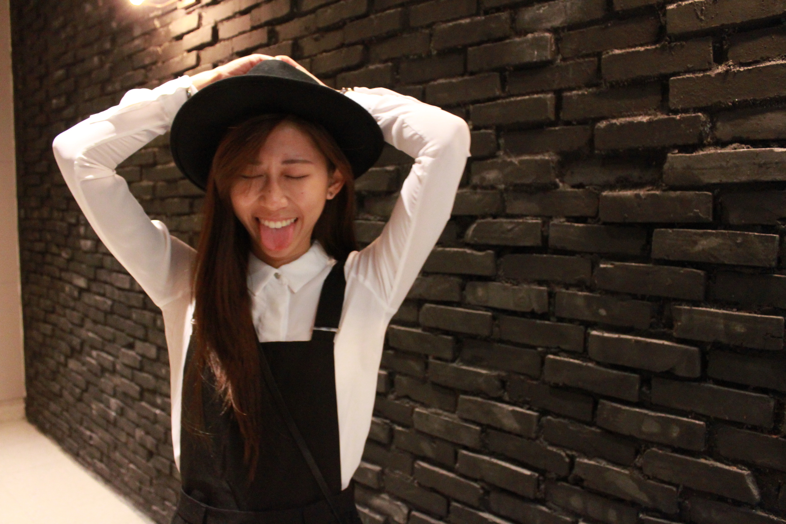 H&M white sheer blouse / GU black dungarees / Vanishing Elephant monk strap / Asos felt fedora hat / COS triangular crossbag