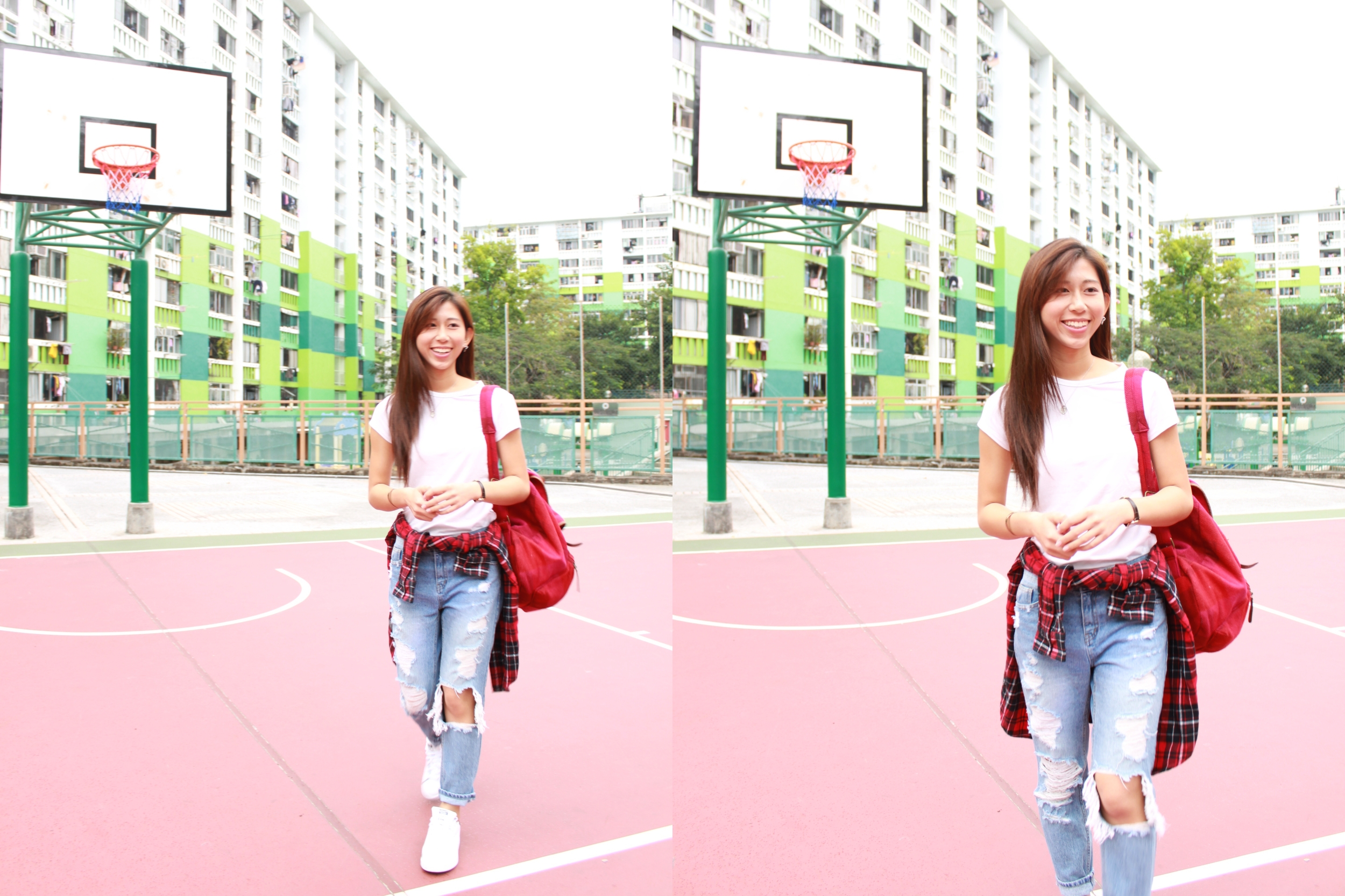 Fresh Sugar Petal H&M white basic tee / Korea ripped boyfriend jeans / Red checkered shirt / Jack Wills red backpack / Adidas Originals Stan Smith shoes