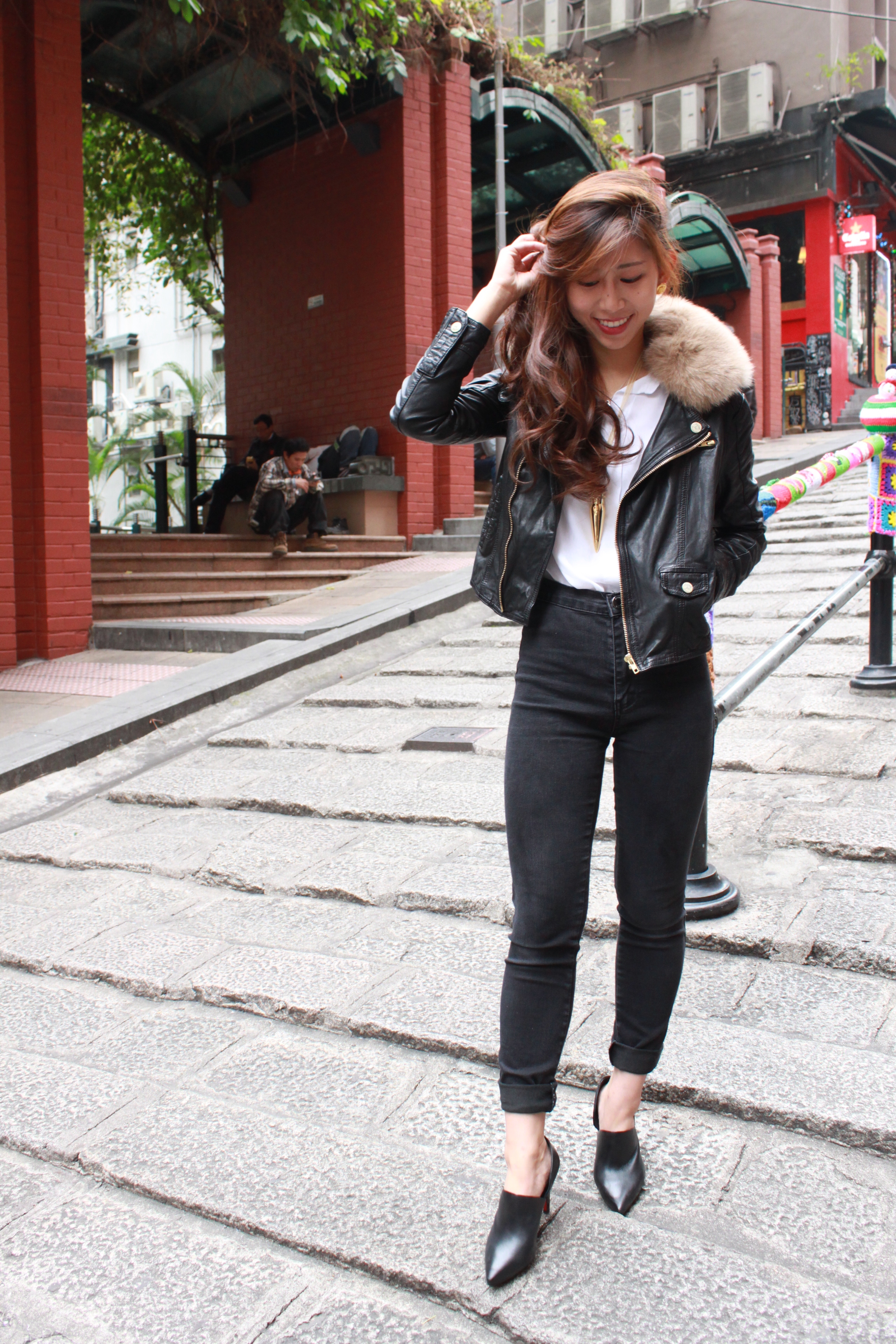 Christian Louboutin Let Me Tell You Silky Satin H&M white sheer shirt / Boohoo super-high waisted black skinny jeans / Staccato cut-out heels / Salad leather biker jacket ( alternative ) / Alexander Wang leather clutch