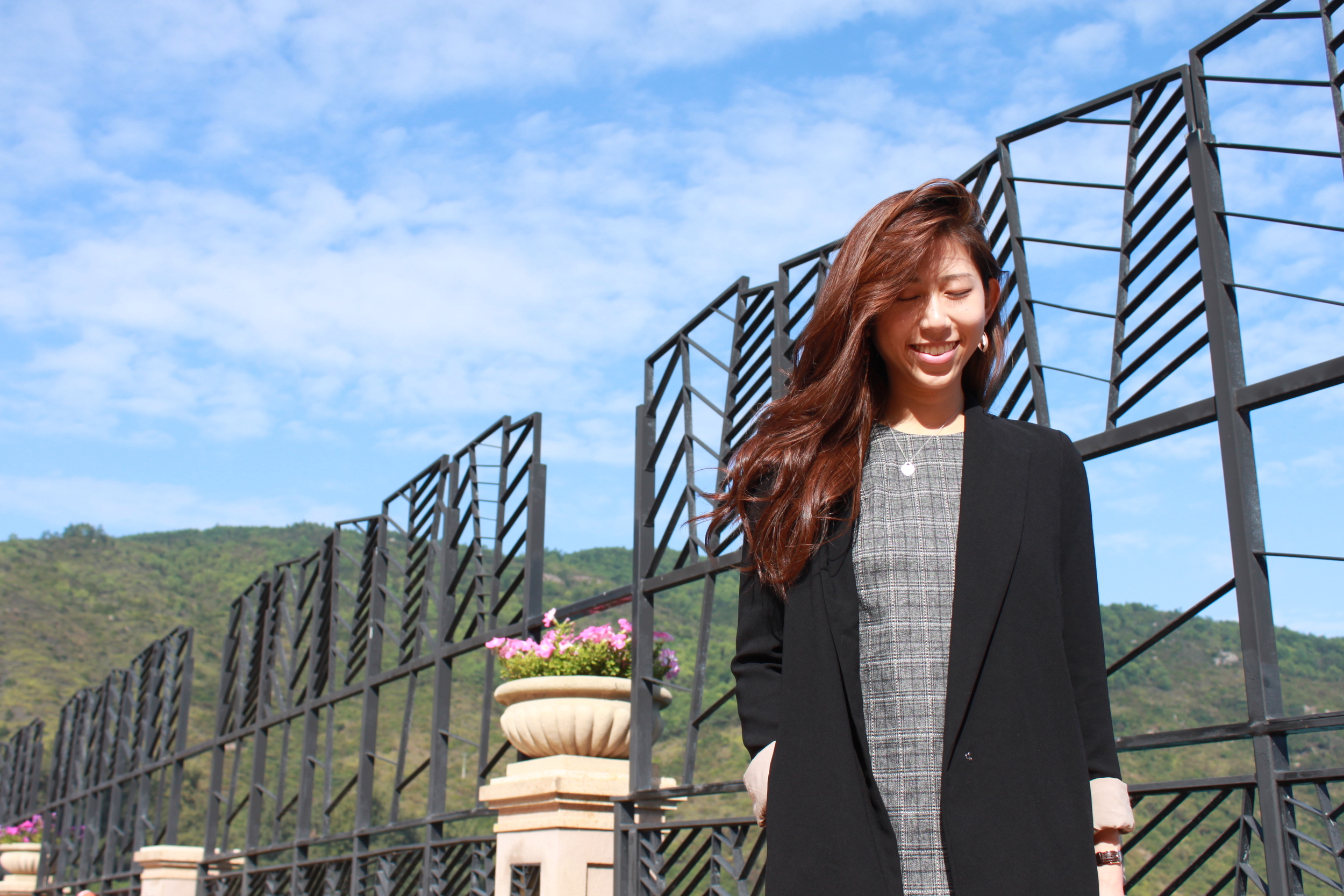 Korea long blazer / Fashmob checkered dress / Staccato cut-out heels / Alexander Wang clutch
