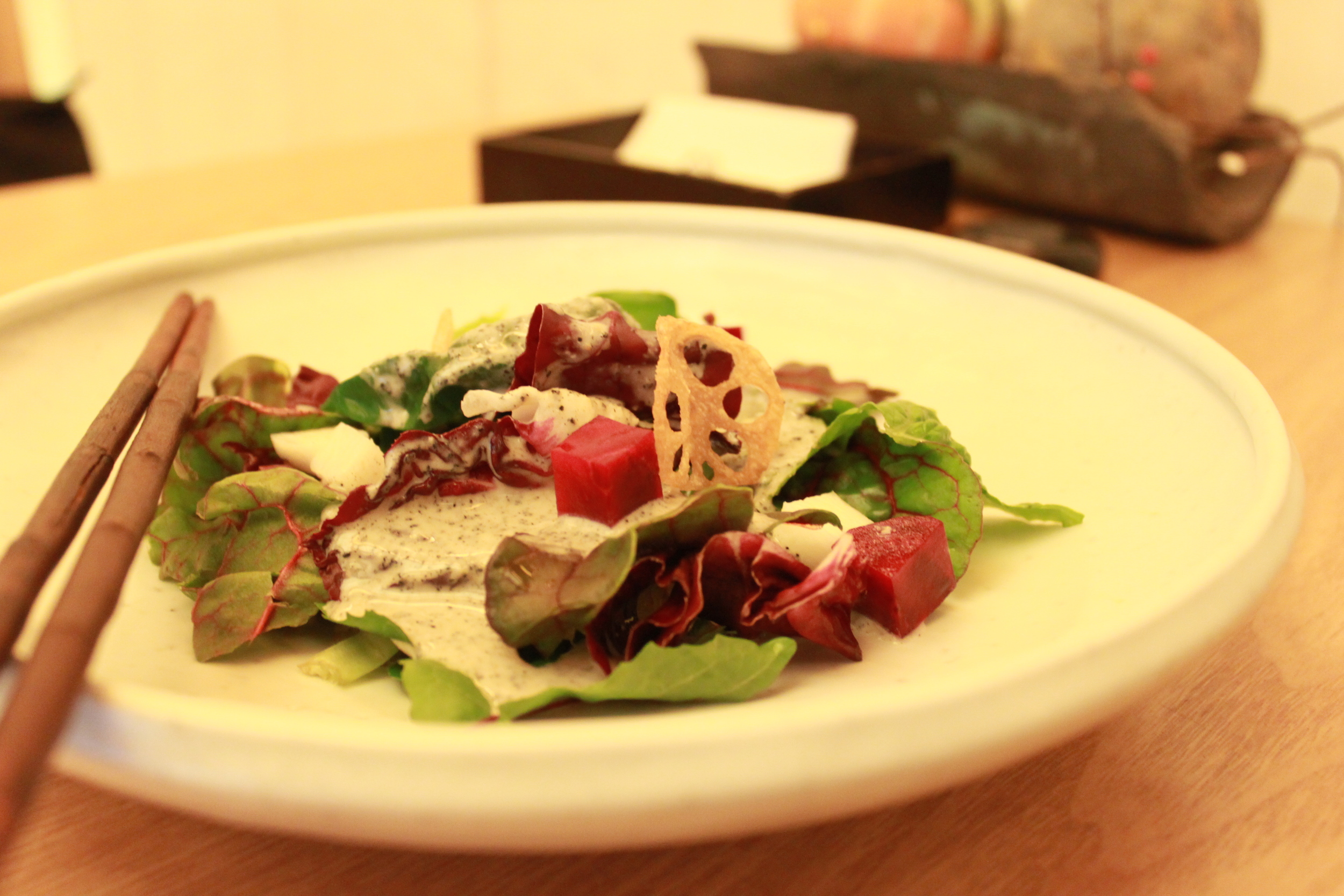 Greens Salad with Smoked Duck and Fermented Peach