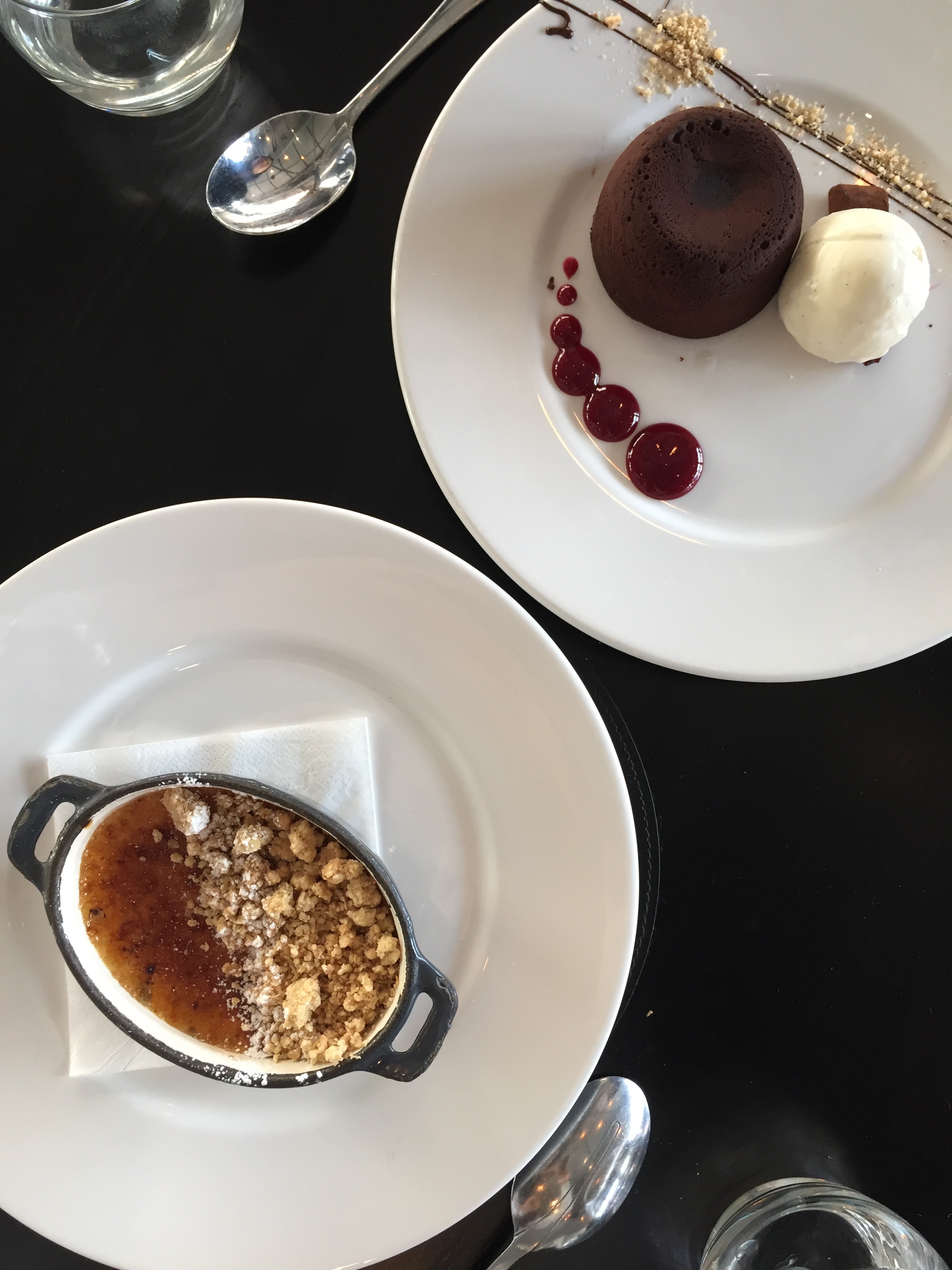 (Top) Chocolate Fondant (Bottom) Creme Brûlée with sweetened apples beneath