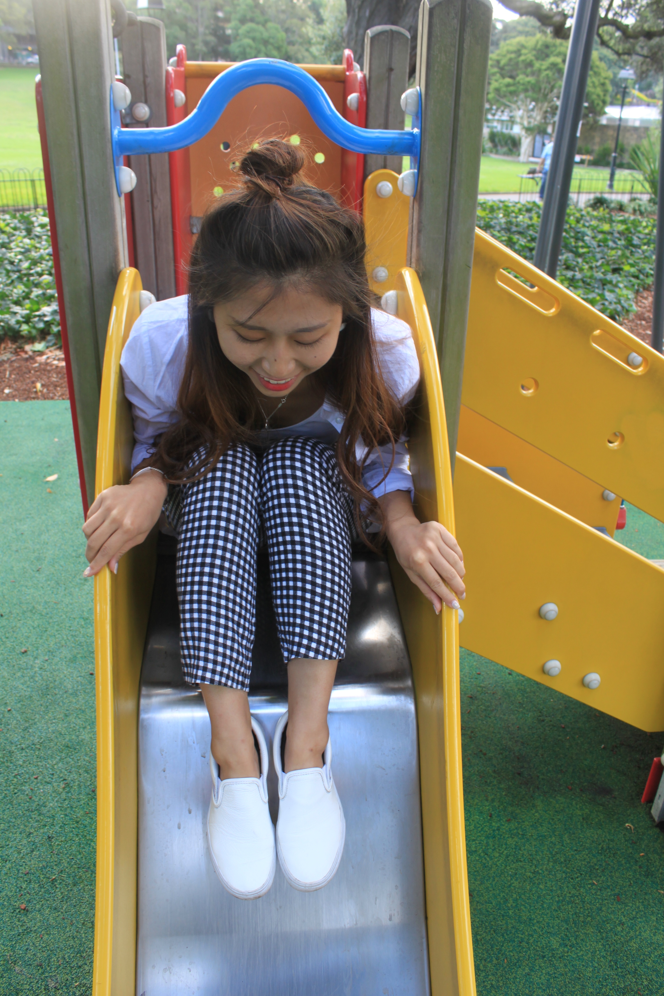 H&M white tank top / Fashmob checkered pants / White long shirt / Vans white slip on