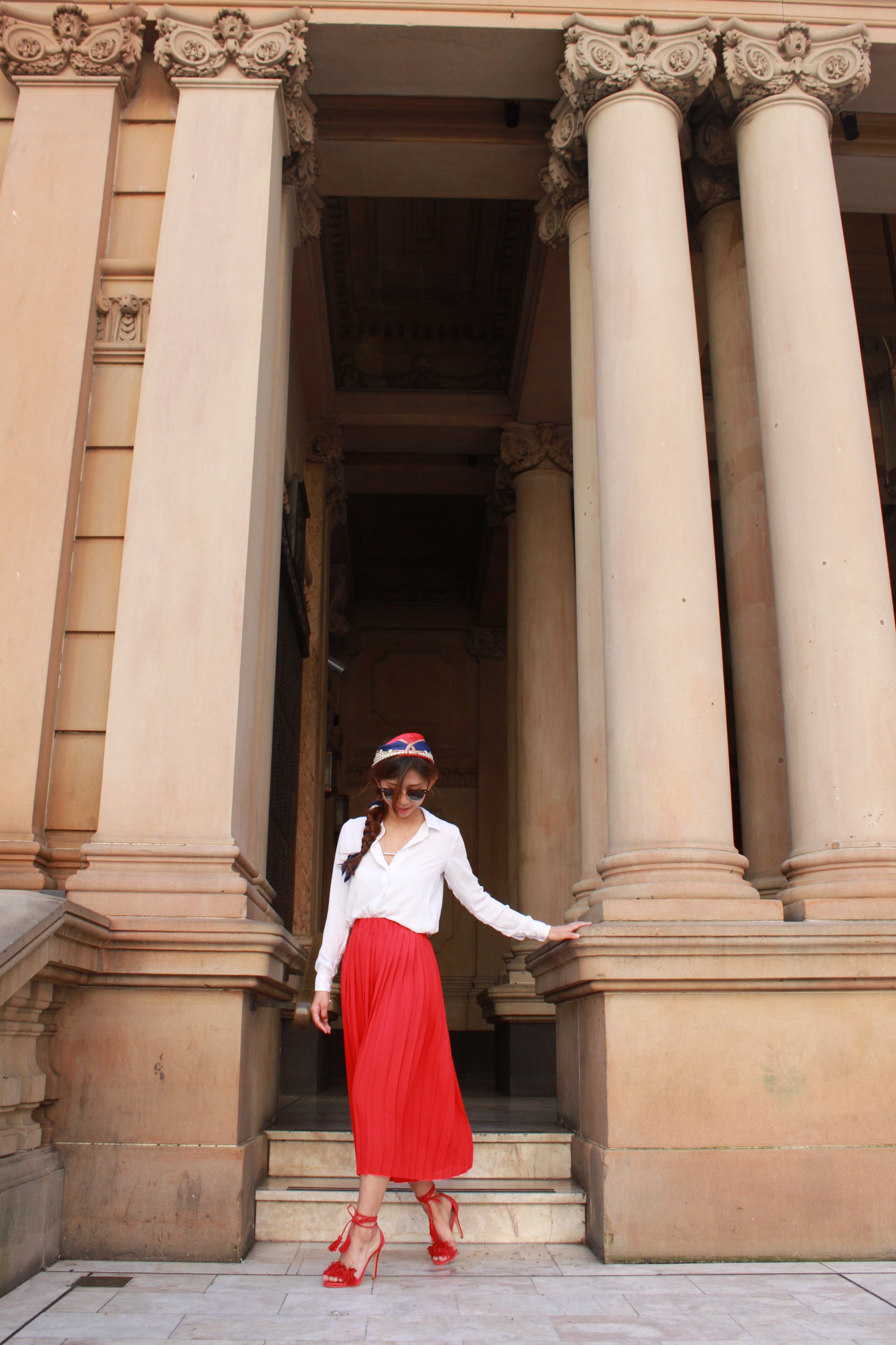 H&M white shirt / Amber_fashionshop red pleated pants / Steve Madden red lace up pumps / Scarf from Korea