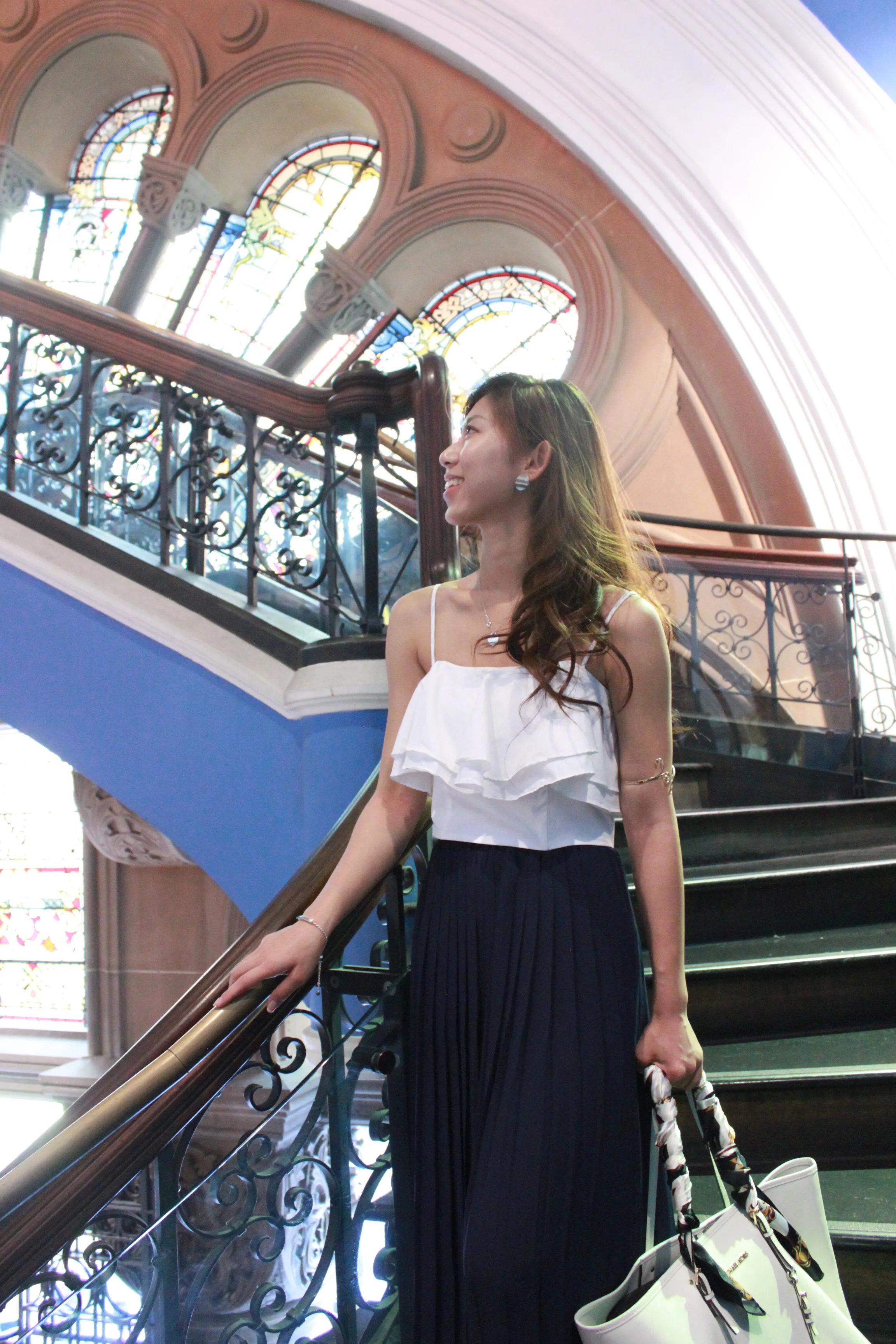Zara frilled top / Amber_fashionshop navy pleated pants / Placebo white loafers / Michael Kors white bag / Scarf from Korea