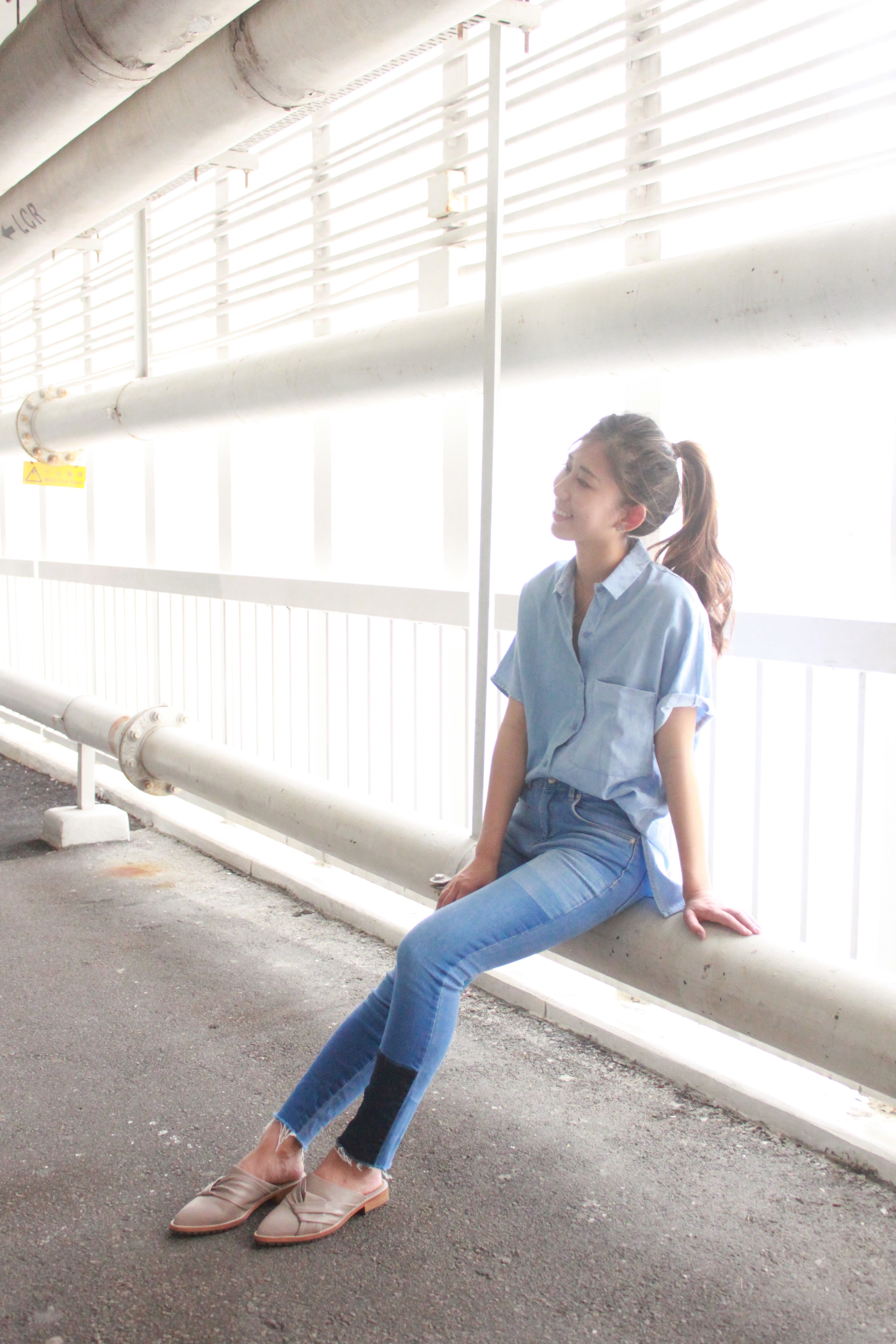 Zara denim oversized shirt / Zara denim patchwork jeans / Initial slippers