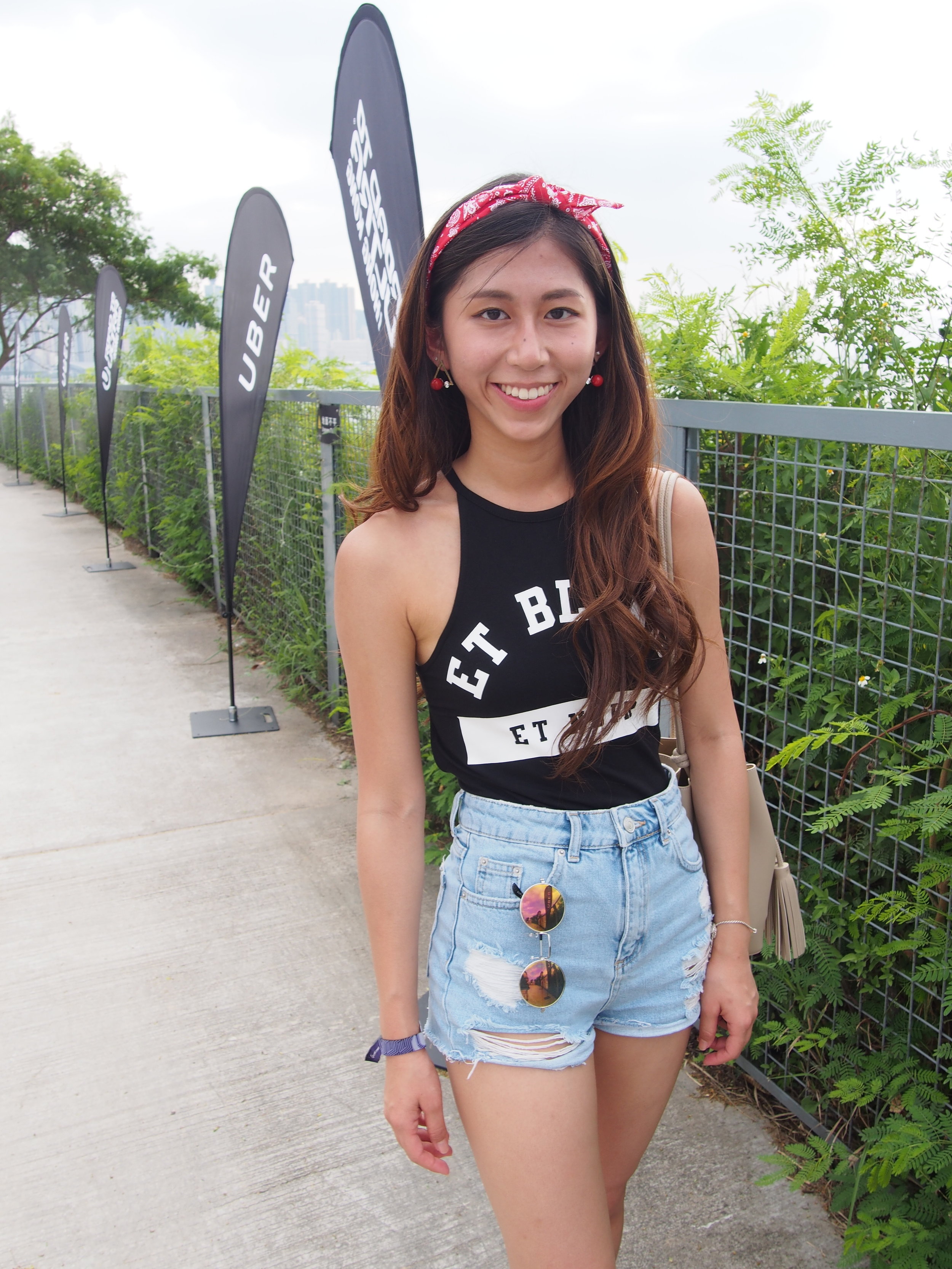 On me: Topshop cut-out bodysuit / Topshop denim shorts / Red bow / Charles&Keith beige bucket