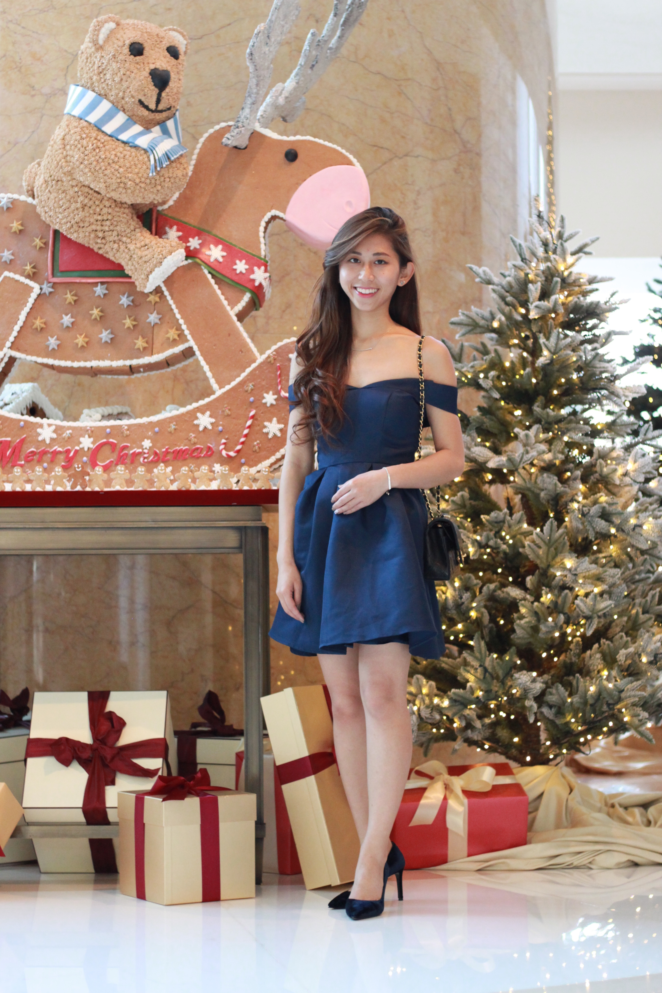 ChiChi London navy dress / Prada velvet navy pumps / Chanel Classic Flap
