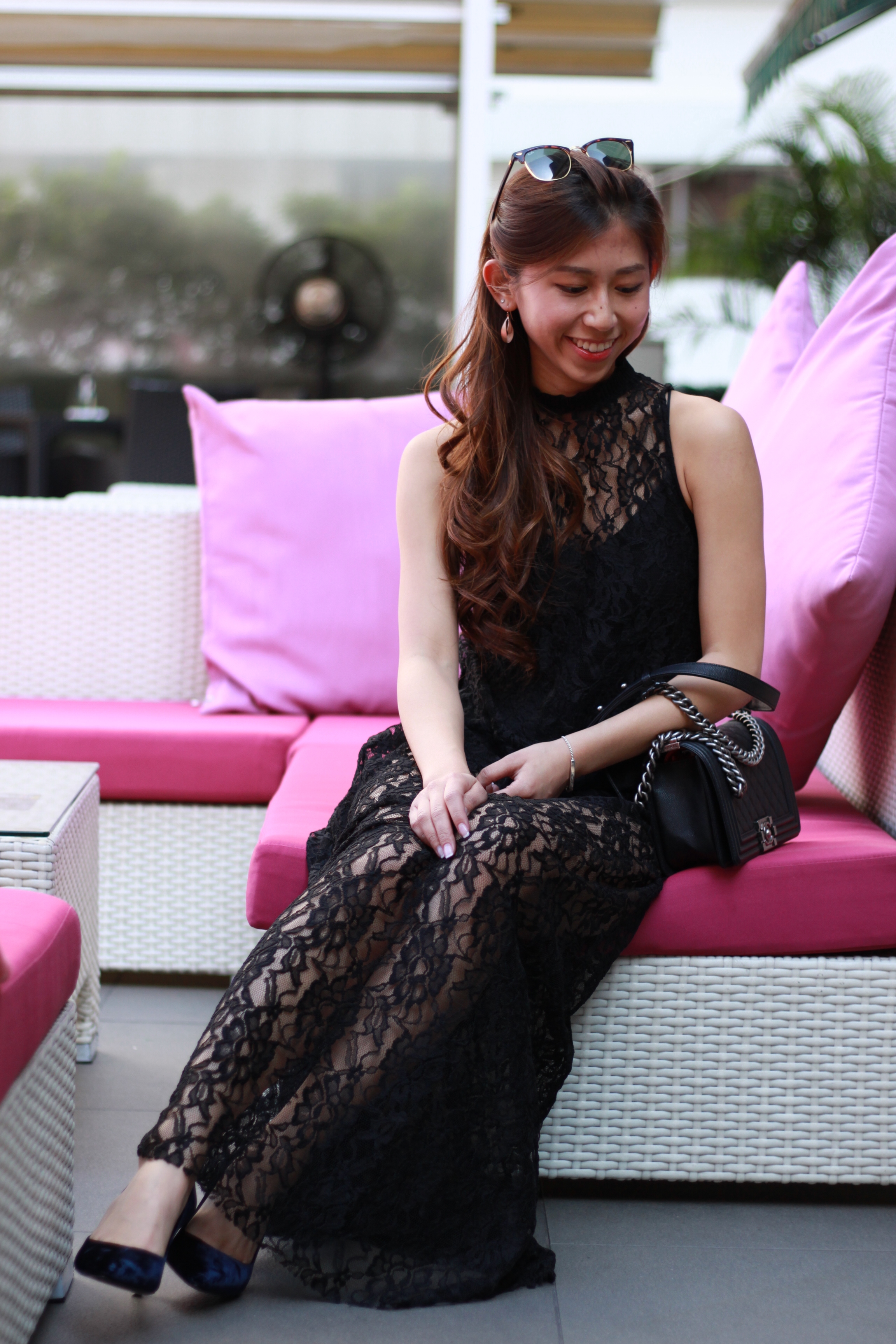 On me: Zara black lace maxi / Prada velvet pumps / Chanel Boy On JongSin: Zara green lace top / Denim jeans / Stuart Weitzman over-the-knee boots / Givenchy On JoyceSi: 
