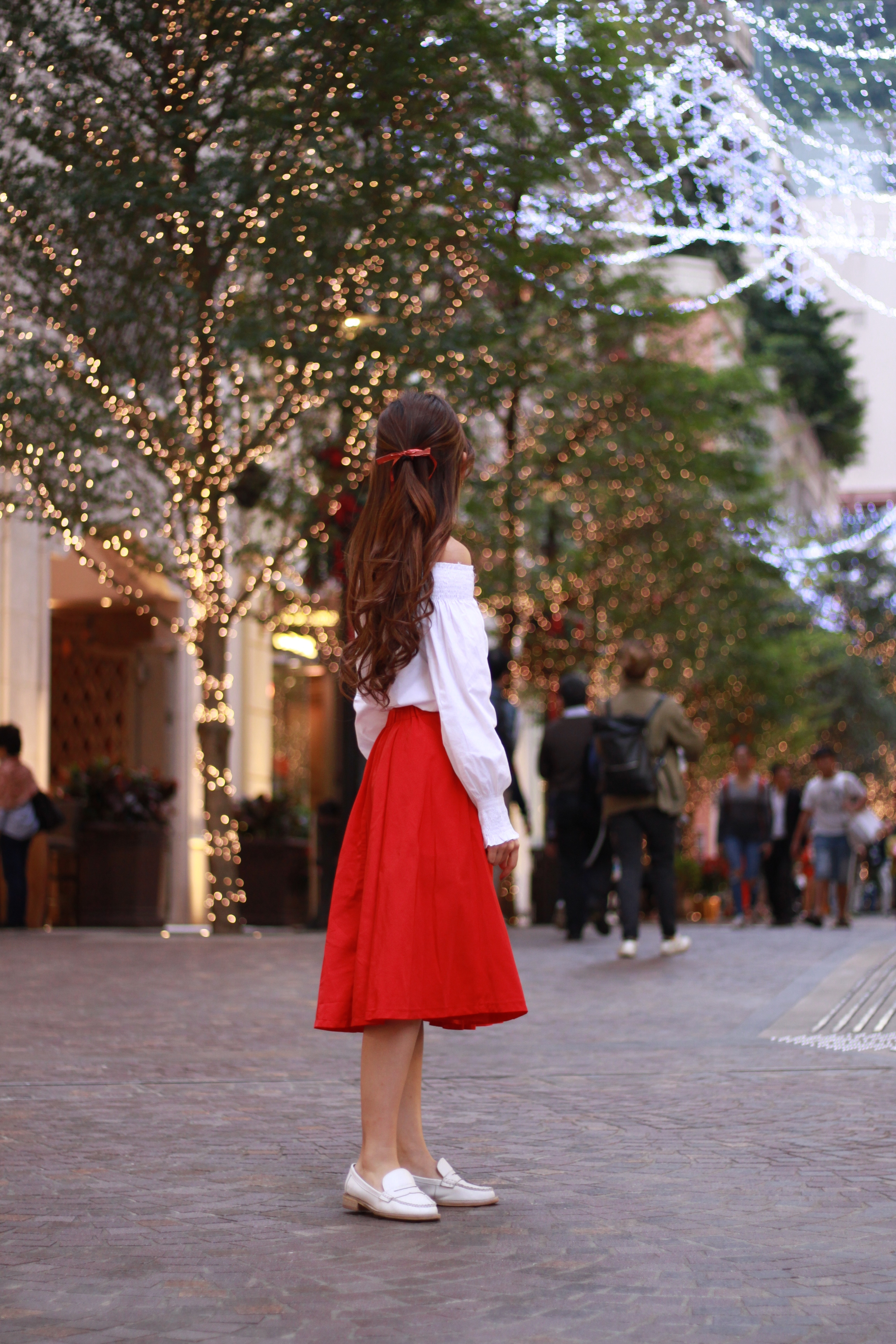 Zara white top / Amber red midi / Placebo white loafers / YSL red wallet