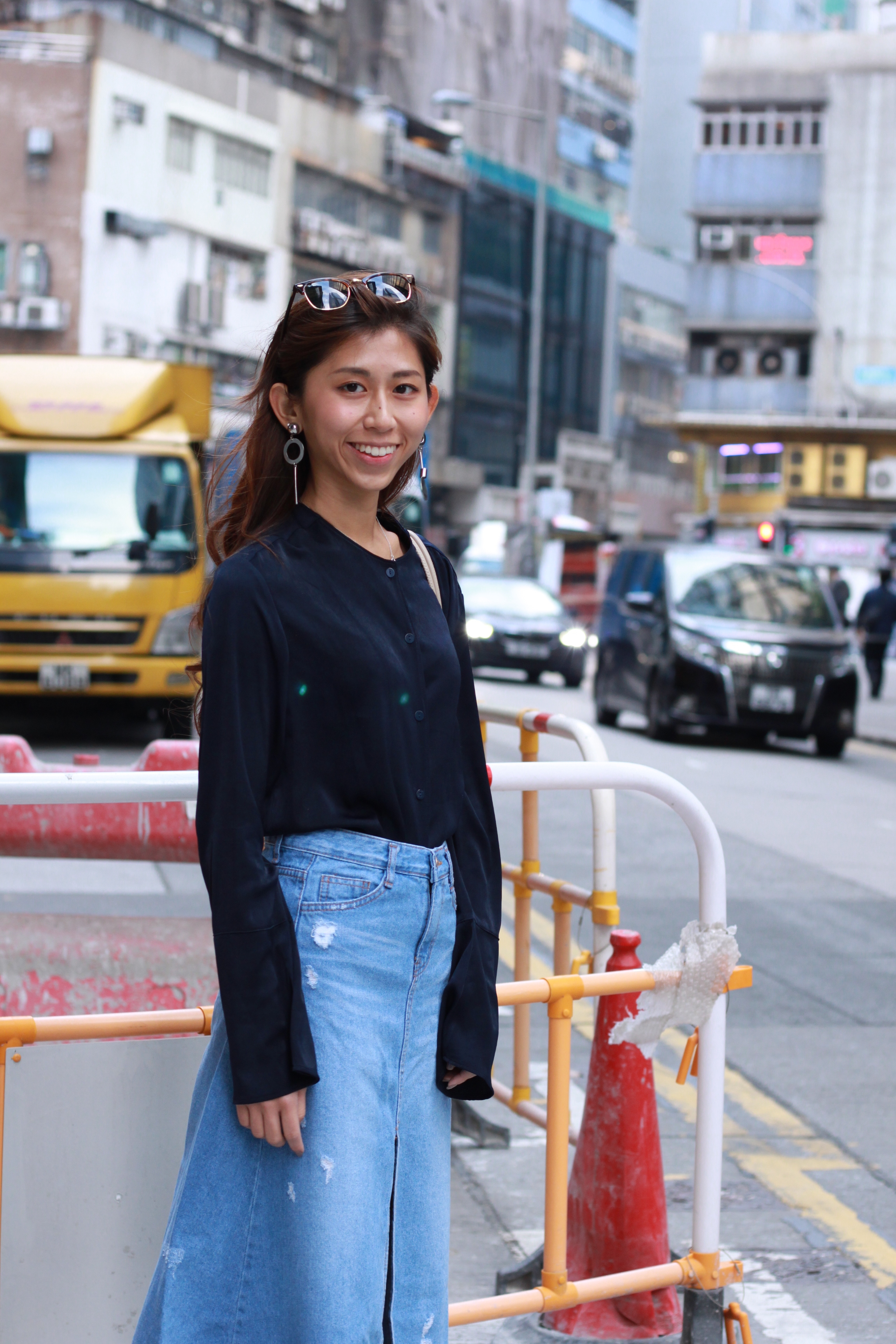 #Nude blue shirt / #Nude split denim skirt / Mango geometry earrings / Giordano Ladies leather slides / Rayban club master / Charles & Keith beige bucket bag