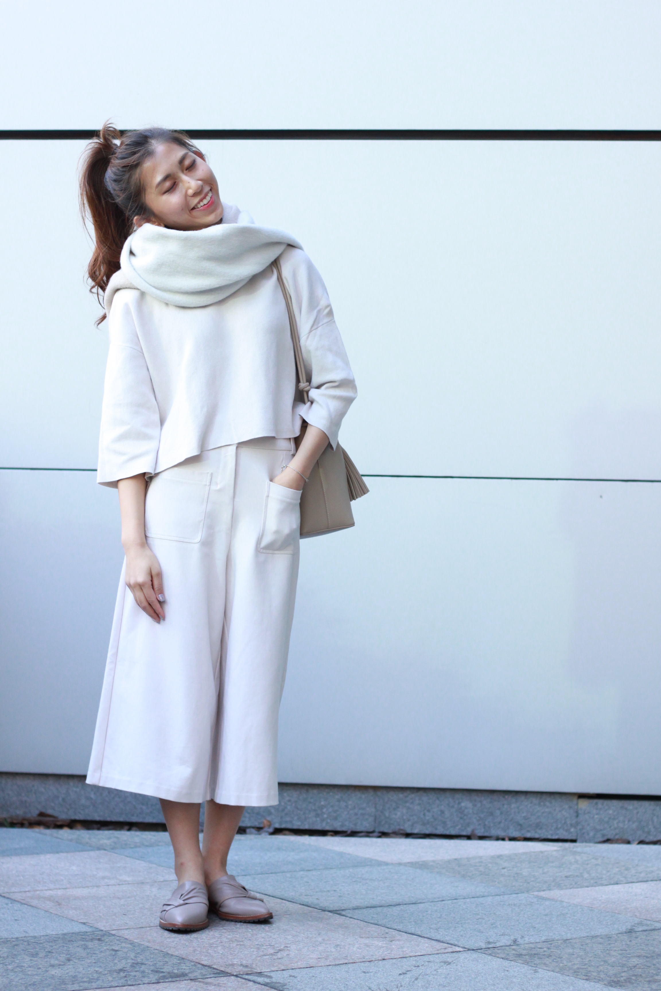Giordano Ladies nude set / Initial nude slides / Charles & Keith tasseled bucket bag / Zara scarf