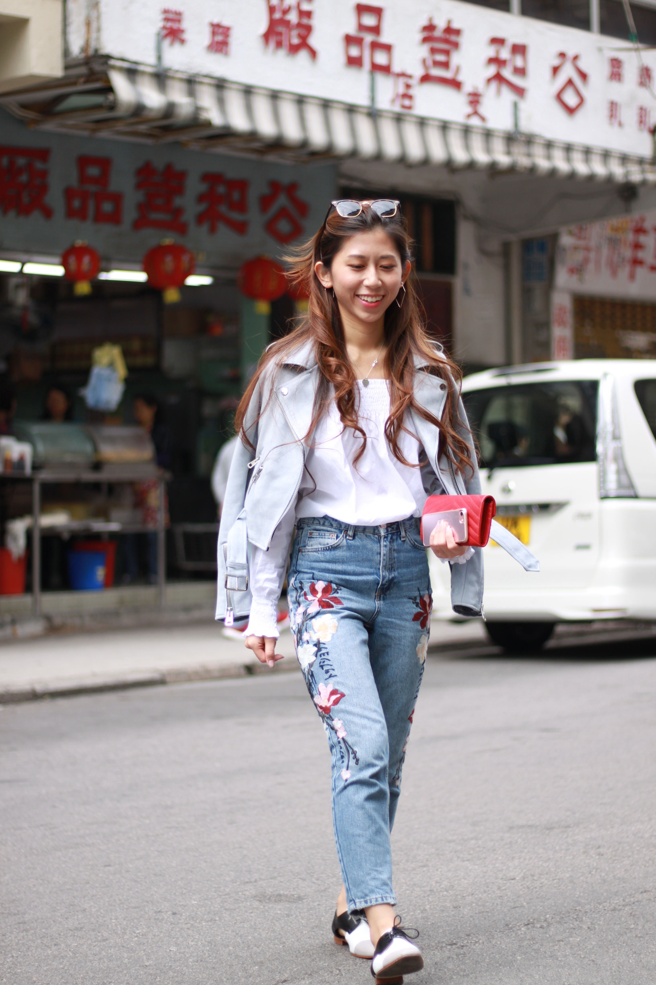 Zara off shoulder top / Topshop MOTO floral embroidered mom jeans / Zara suede biker jacket / Giordano Ladies cut-out oxford shoes / YSL monogram flap wallet / DearPostman triangle hoop earrings