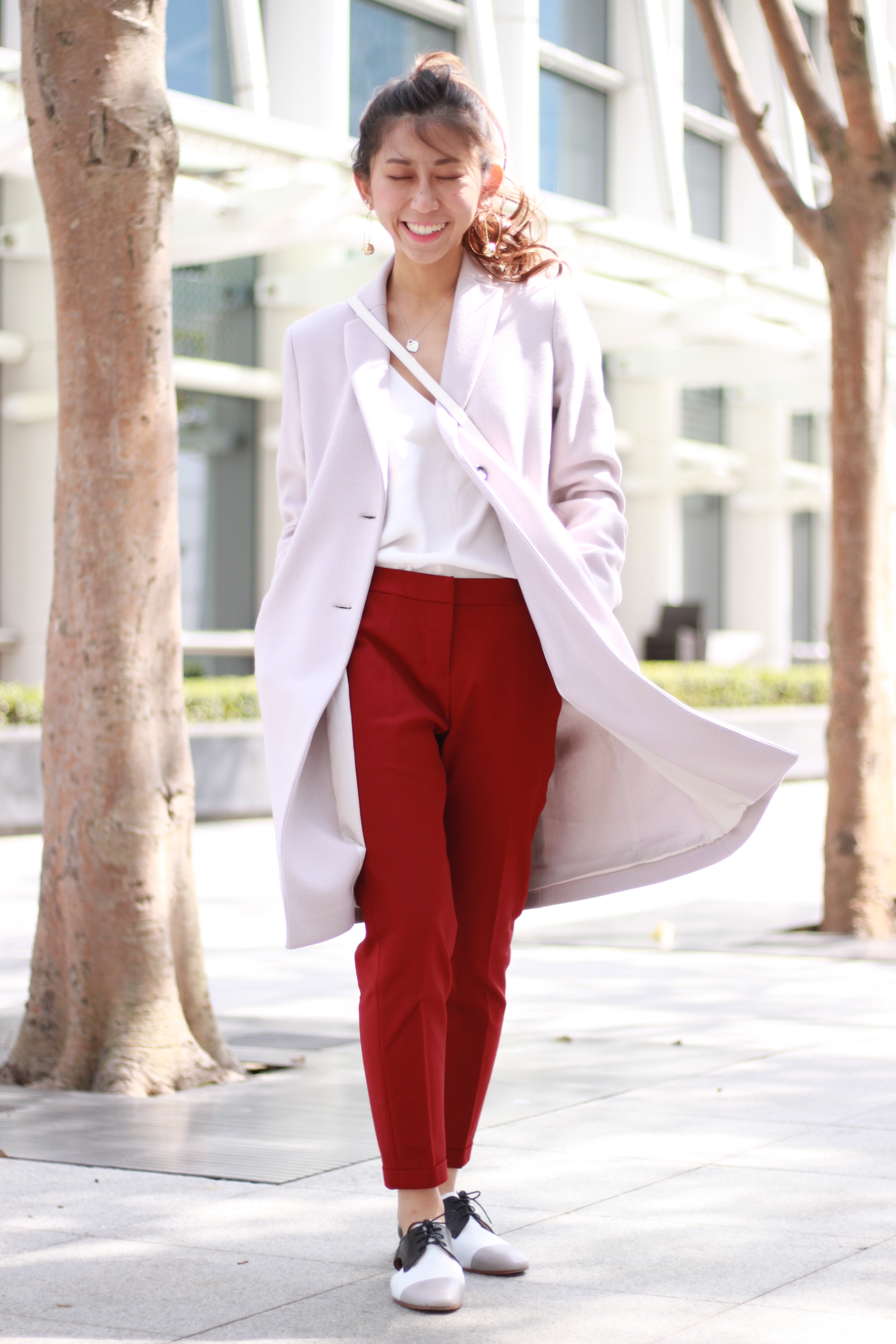 Asos white cami / Giordano Ladies red pants / Giordano Ladies cut-out oxford shoes / Pennyblack coat / Agnes b. white crossbag / DearPostman golden disco ball earrings