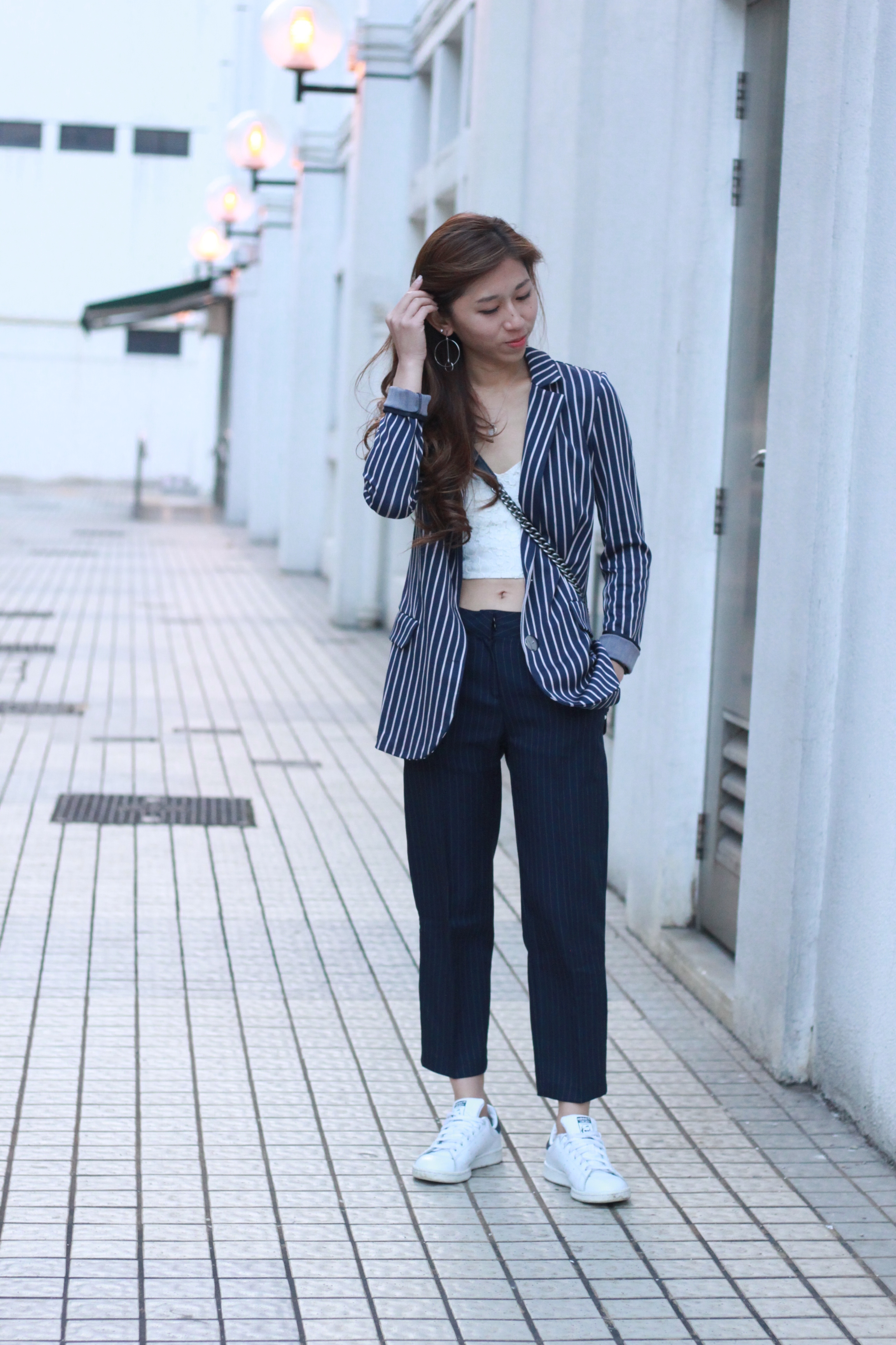 Max&Co jacquard jersey blazer / Topshop white bralette / Striped pants from Korea / Adidas Stan Smith / Chanel boy calfskin / Emoda earrings