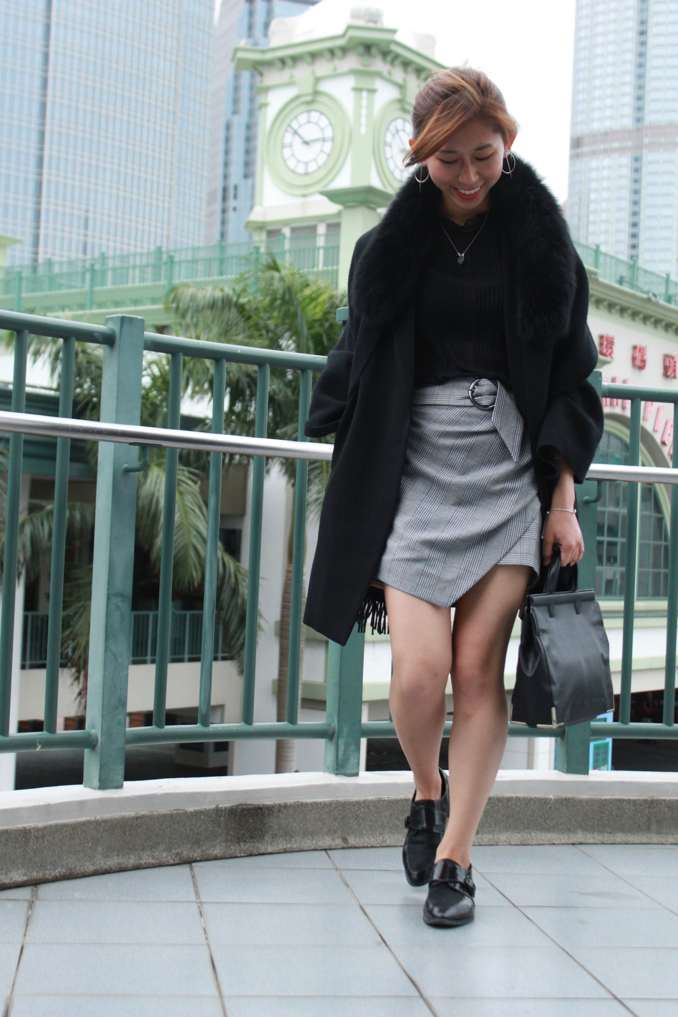 Long blazer from Korea / b+ab black blouse / Topshop wrap belted check skirt / Giordano Ladies fur scarf / Vanishing elephant / Alexander Wang handbag / Earrings from Taiwan
