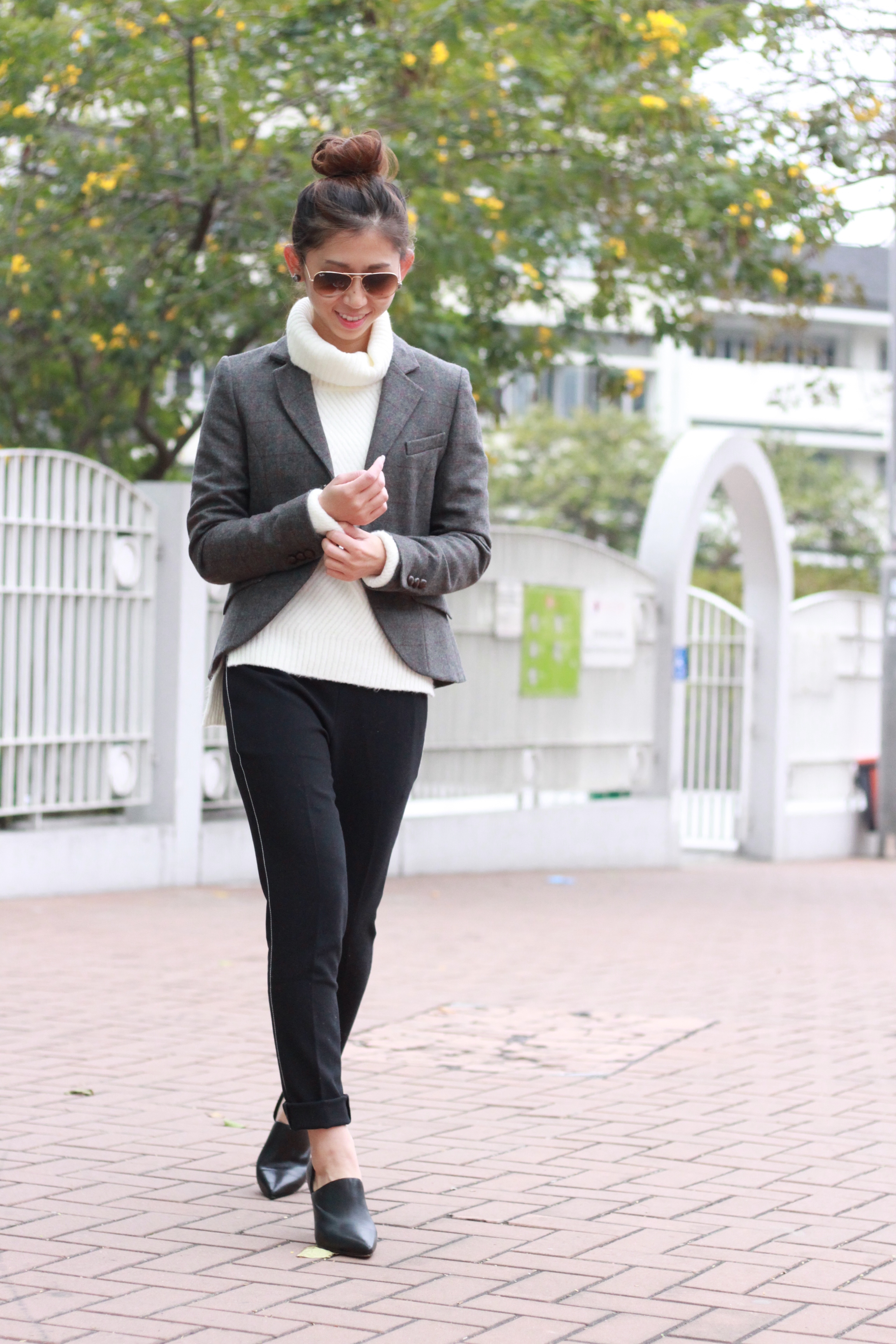 Giordano Ladies PJ pants / White chunky knit from Japan / Jack Wills tweed blazer / Staccato cut-out heels