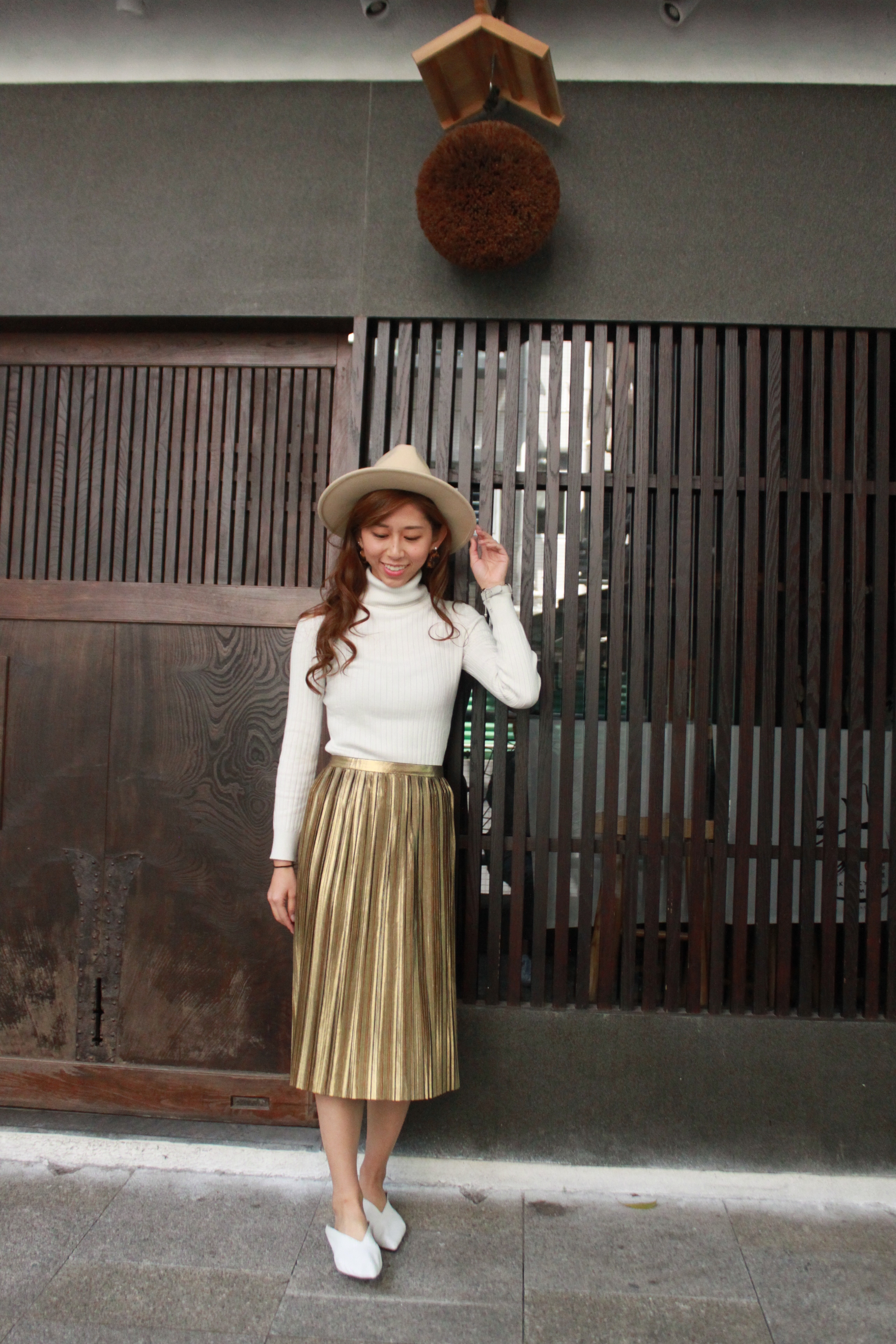 Topshop metallic gold pleated skirt / White knit top from Japan / Lack of Color The Oracle / OuiJasmine (Taiwan) white loafers