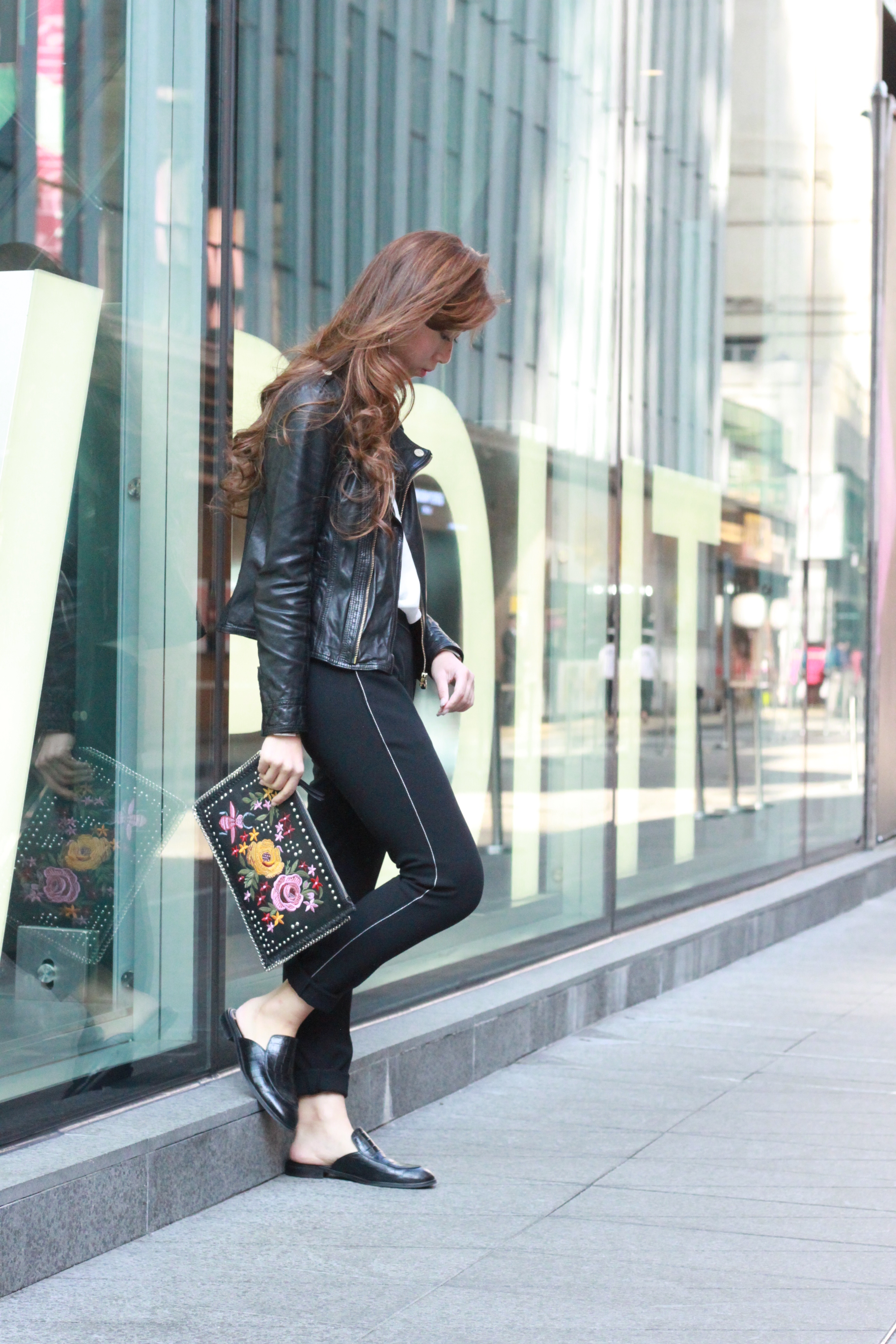 Asos cami / Giordano Ladies PJ pants / Salad leather jacket / Giordano Ladies black slides / Topshop embroidery clutch / Emoda earrings