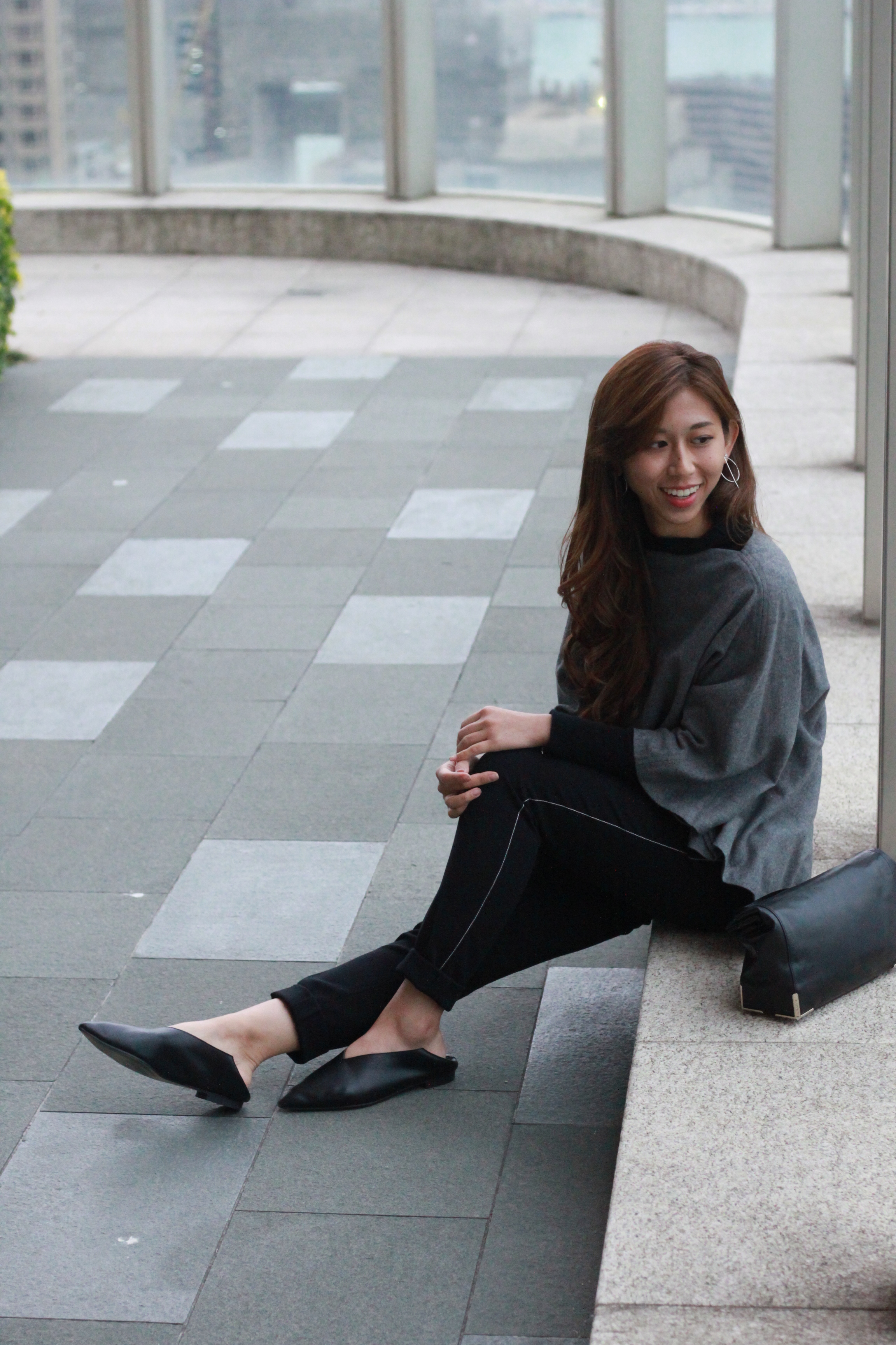 Giordano ladies PJ pants / Giordano ladies cape / alittleshy black shoes / Alexander Wang foldable handbag / Earrings from Taiwan