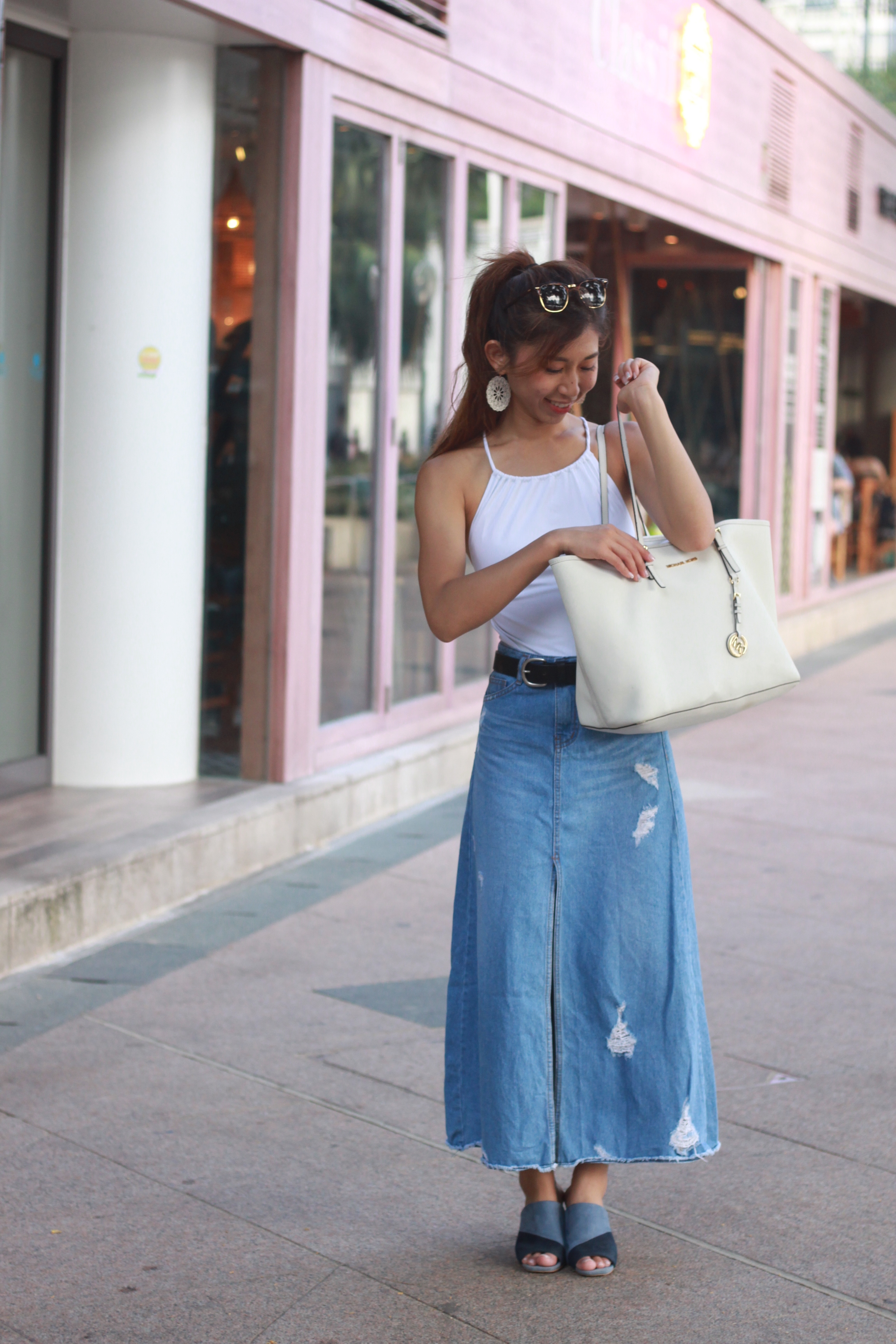 COS white swimsuit with tie back / Nude denim skirt / Zara mules / Levi's black belt
