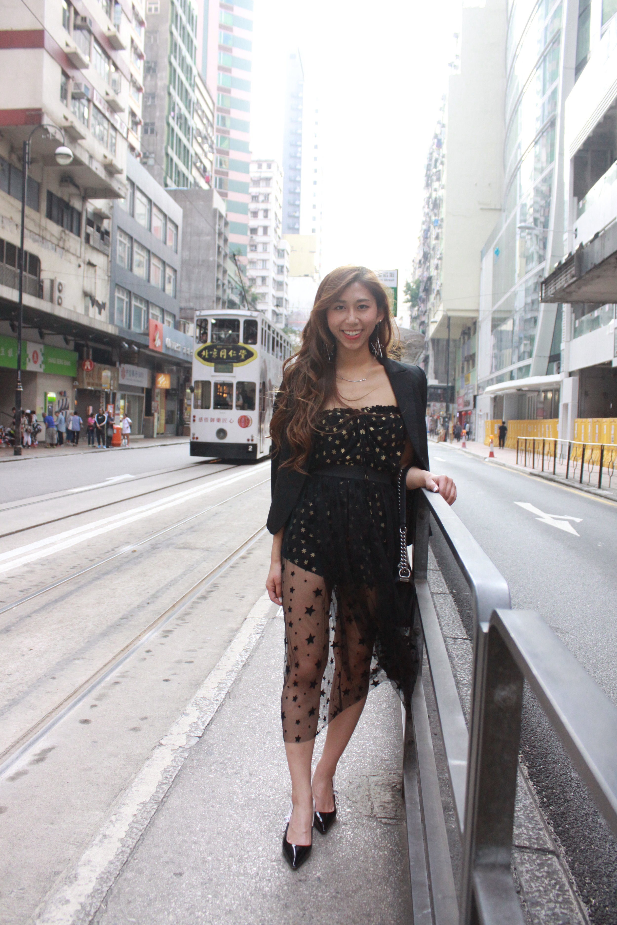 Mosdress sheer star skirt / Mosdress star playsuit / Mosdress star earrings / Dior slingback in black patent calfskin / Black blazer / Chanel boy